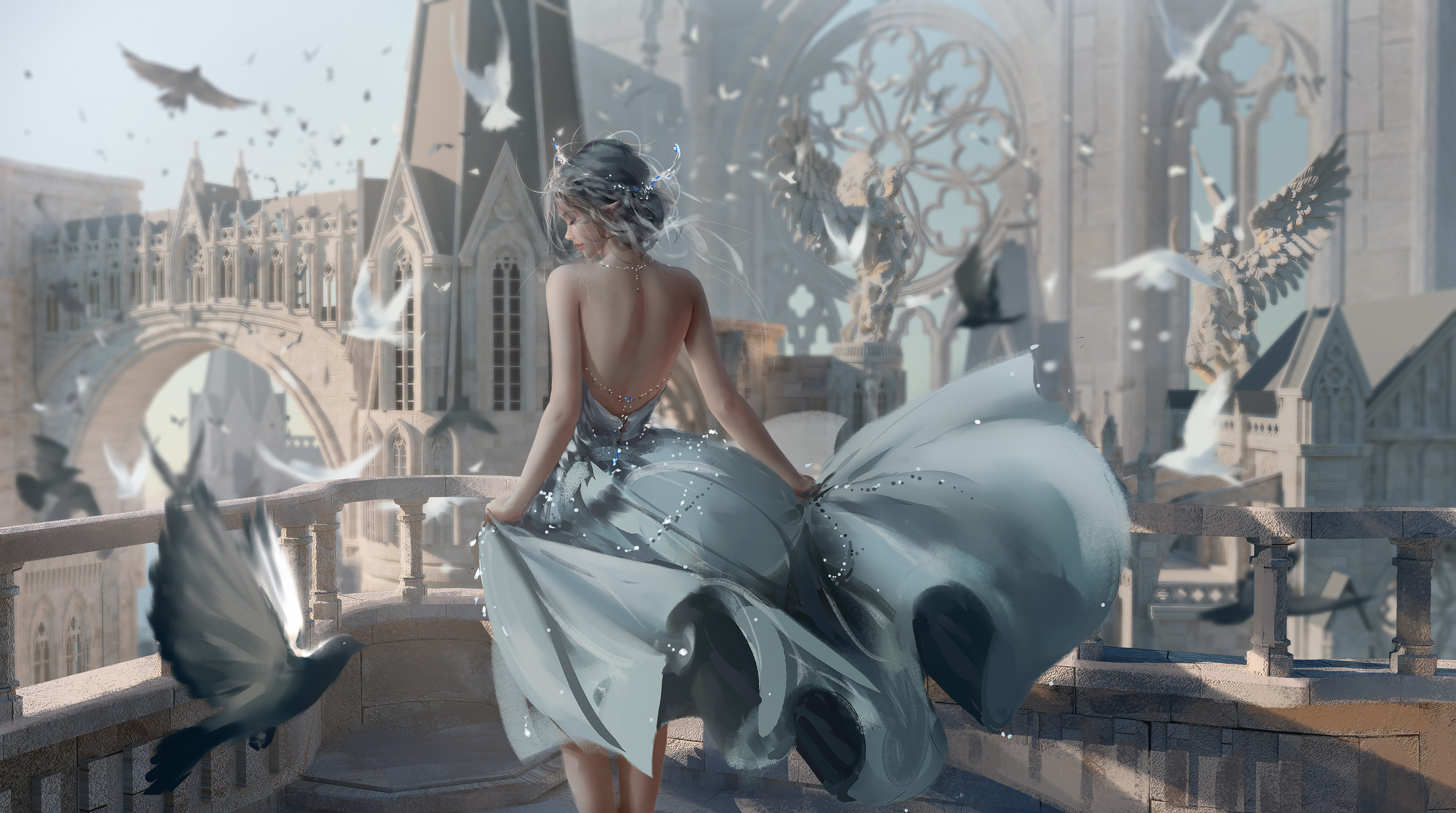Anime 4240x2369 WLOP digital art fantasy girl princess fantasy architecture Ghostblade