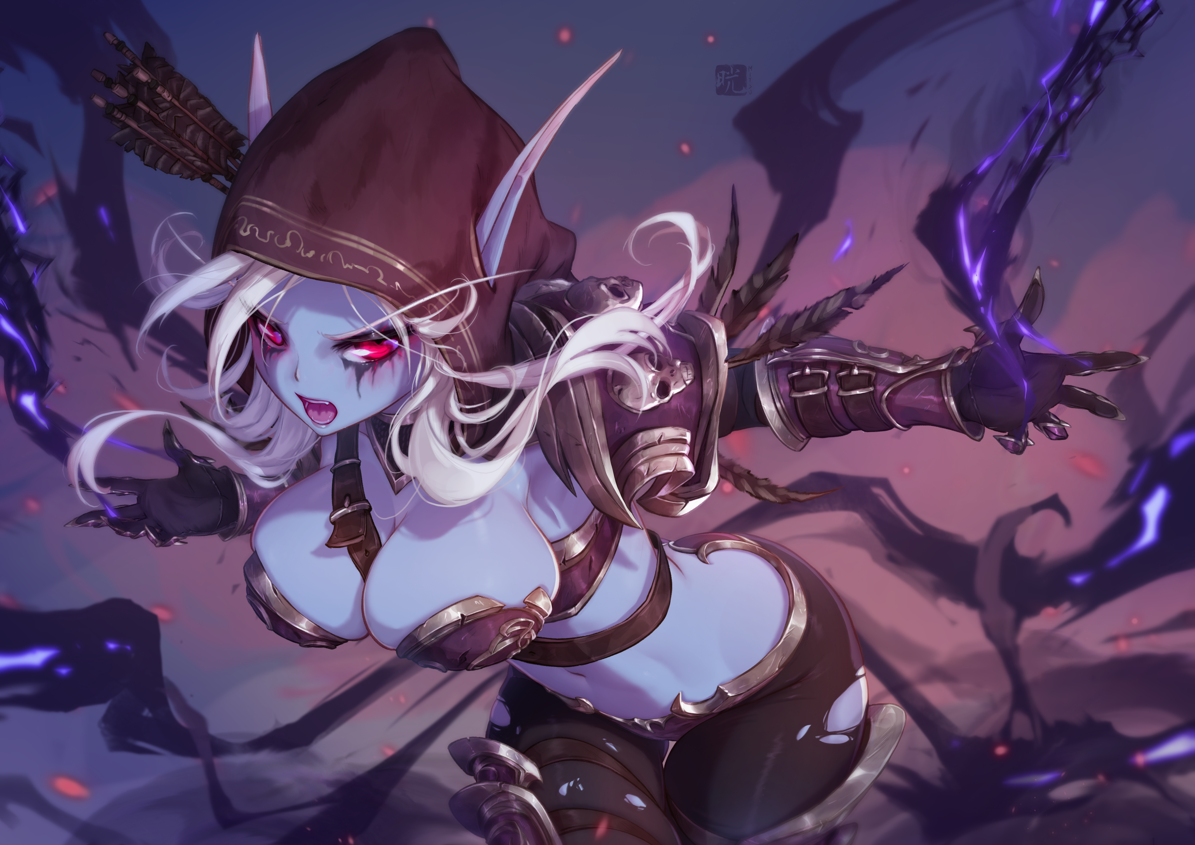 Anime 4093x2894 Sylvanas Windrunner World of Warcraft video games video game girls elves pointy ears fantasy girl hoods 2D artwork drawing fan art Mitsu huge breasts the gap torn clothes long eyebrows big boobs cleavage spell blonde open mouth