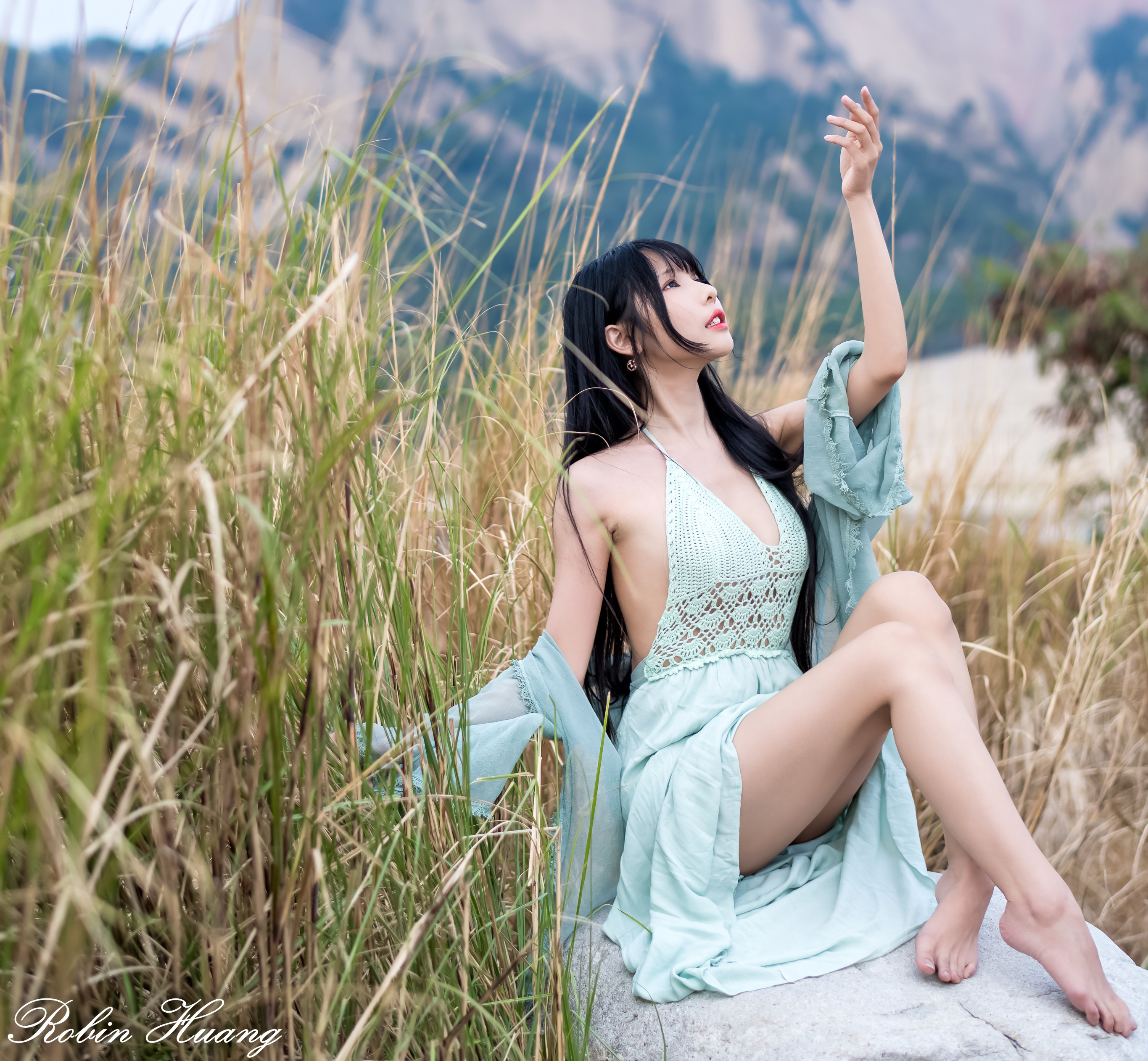 People 2731x2525 Robin Huang women Asian dark hair long hair dress blue clothing nature grass legs barefoot Vicky (Asian model) pointed toes
