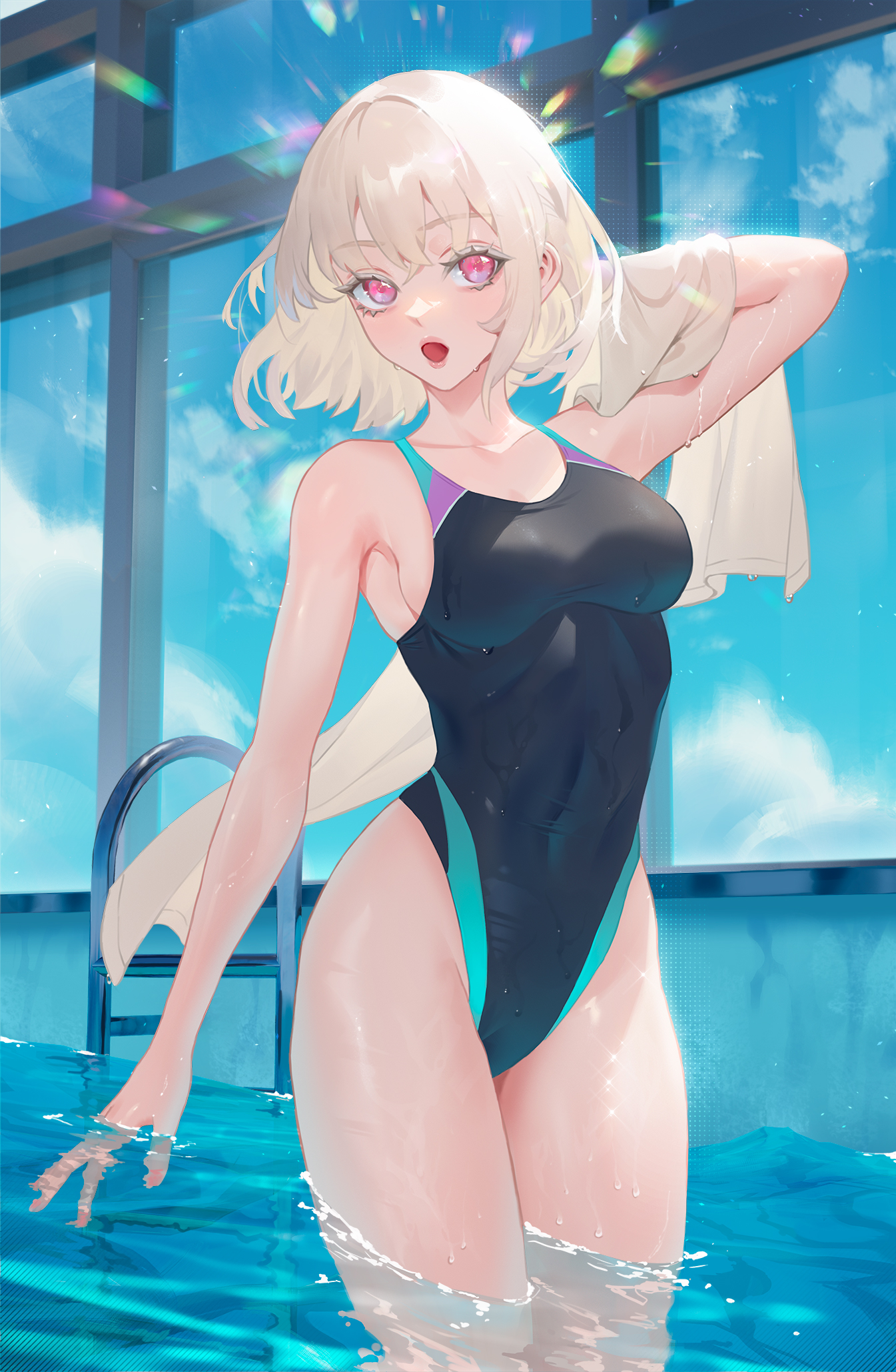 Anime 1345x2059 anime anime girls Cirilla (artist) swimmer swimming pool blonde pink eyes wet body water drops in water one-piece swimsuit swimwear open mouth blushing thighs water