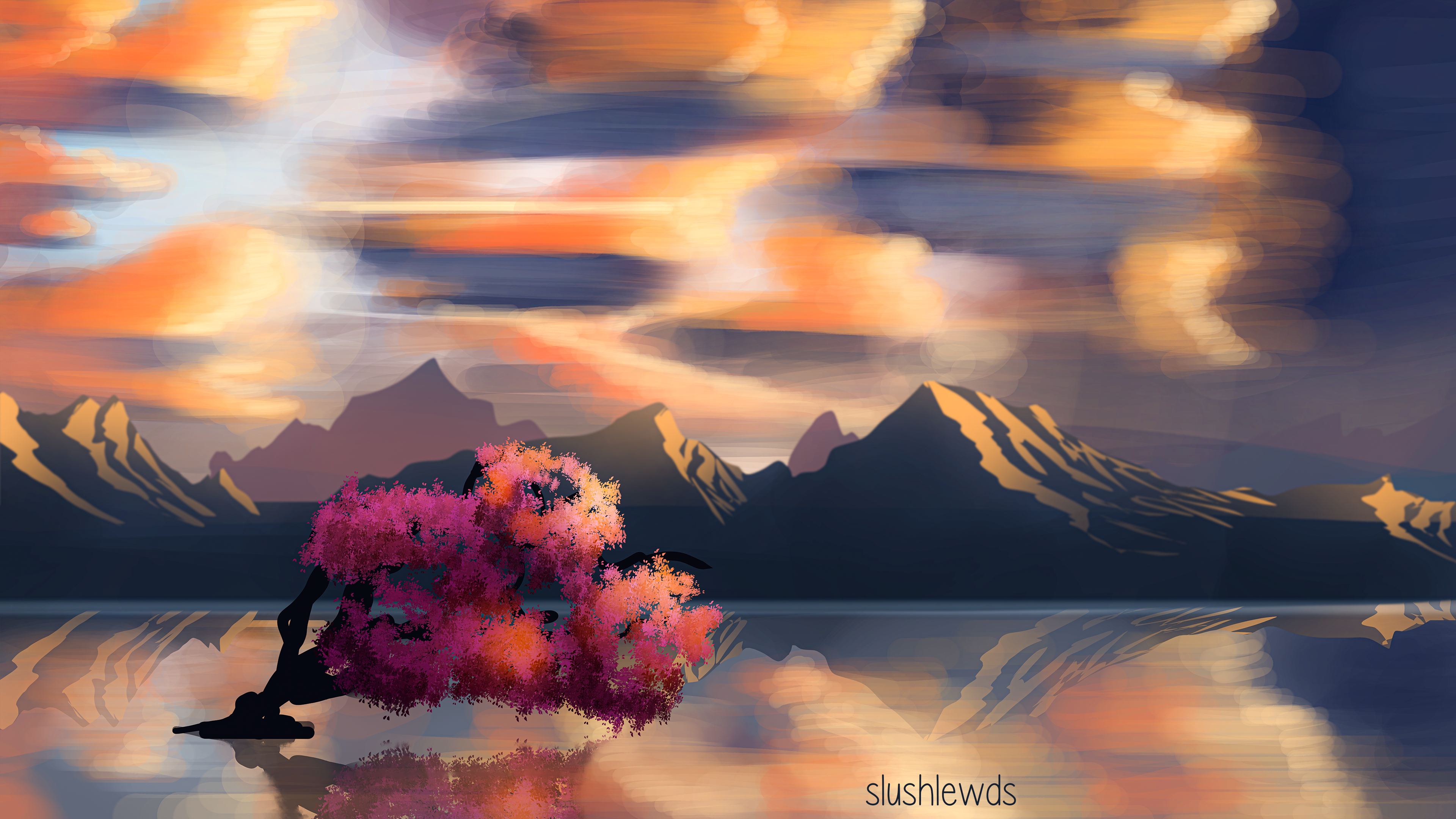 General 3840x2160 cherry blossom lake mountains sunset clouds reflection shining digital art watermarked