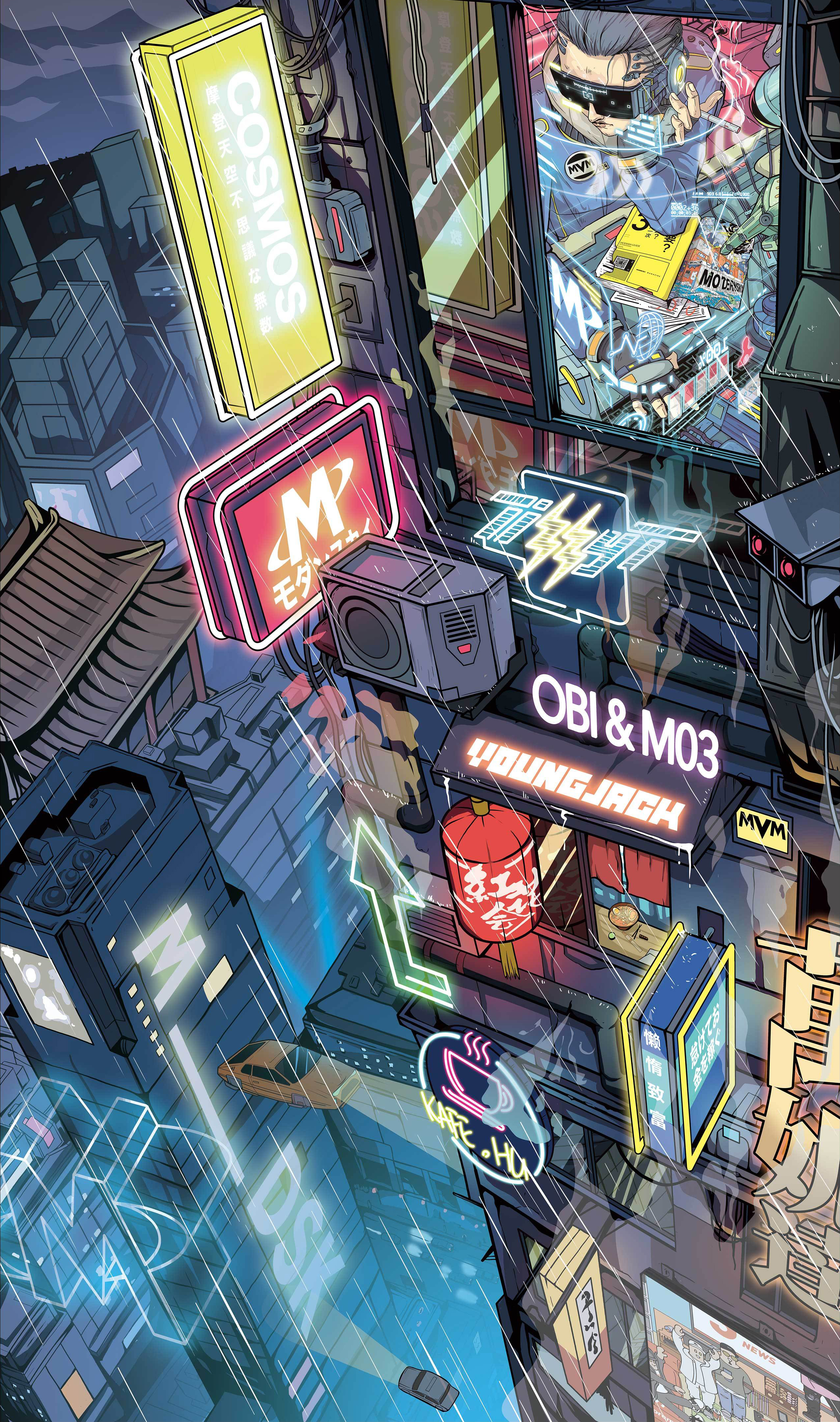 General 2544x4306 cyberpunk cartoon artwork futuristic rain city