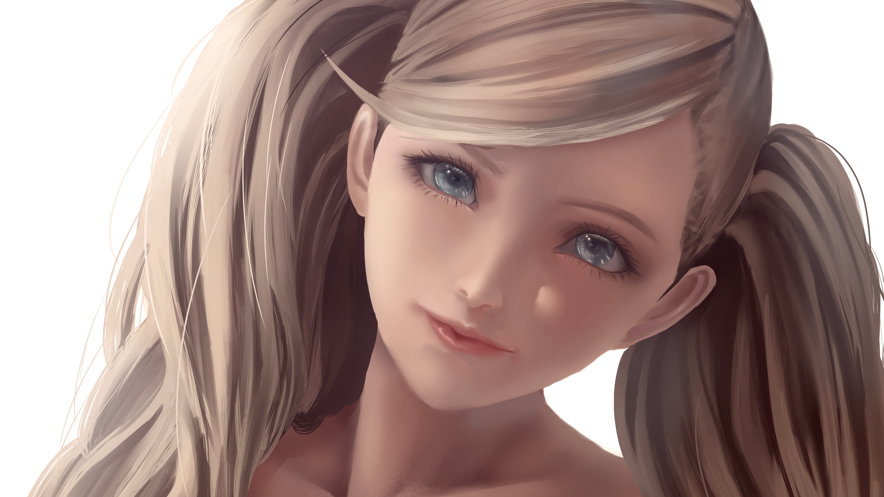 General 3504x1972 Ann Takamaki  Persona 5 anime anime girls women digital art simple background blonde twintails long hair looking at viewer blue eyes smiling face Persona series