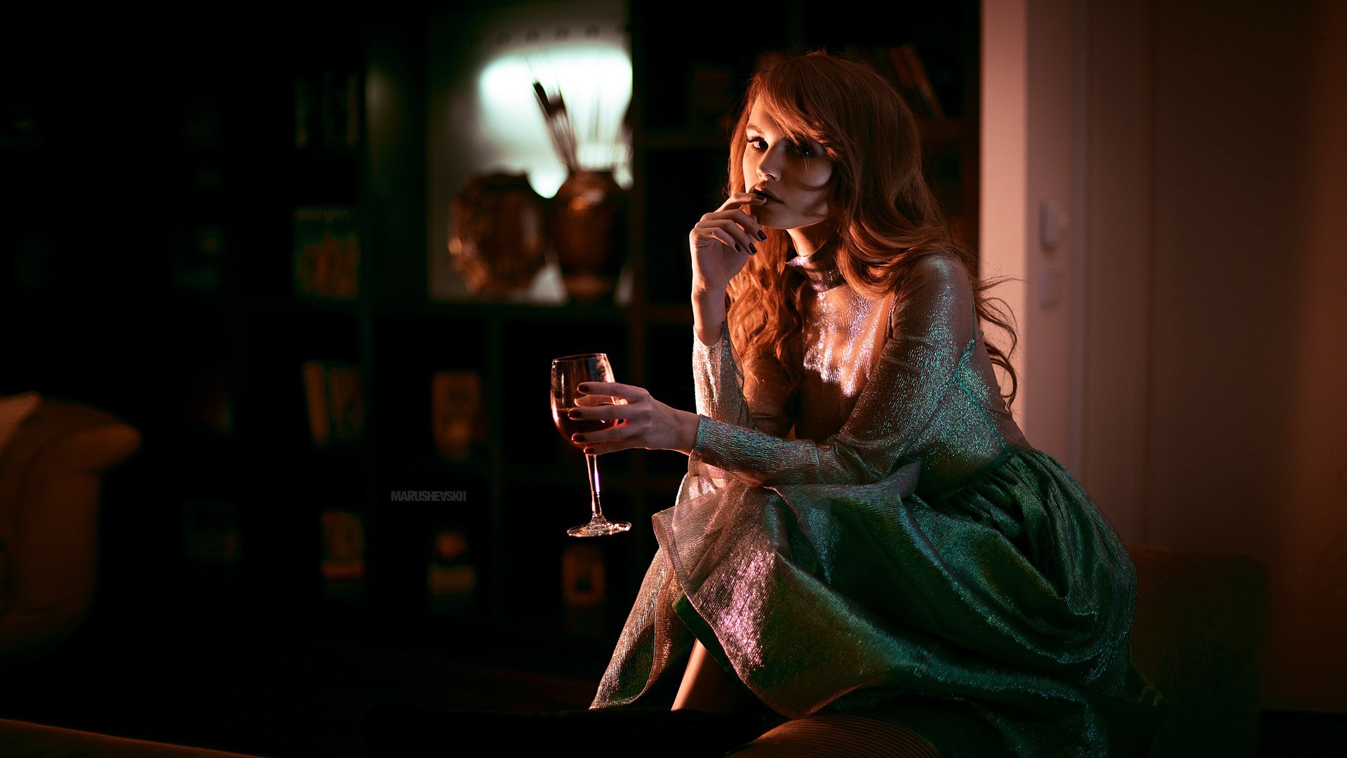 People 1920x1080 women model women indoors redhead looking at viewer drinking glass dress long hair Anastasia Scheglova