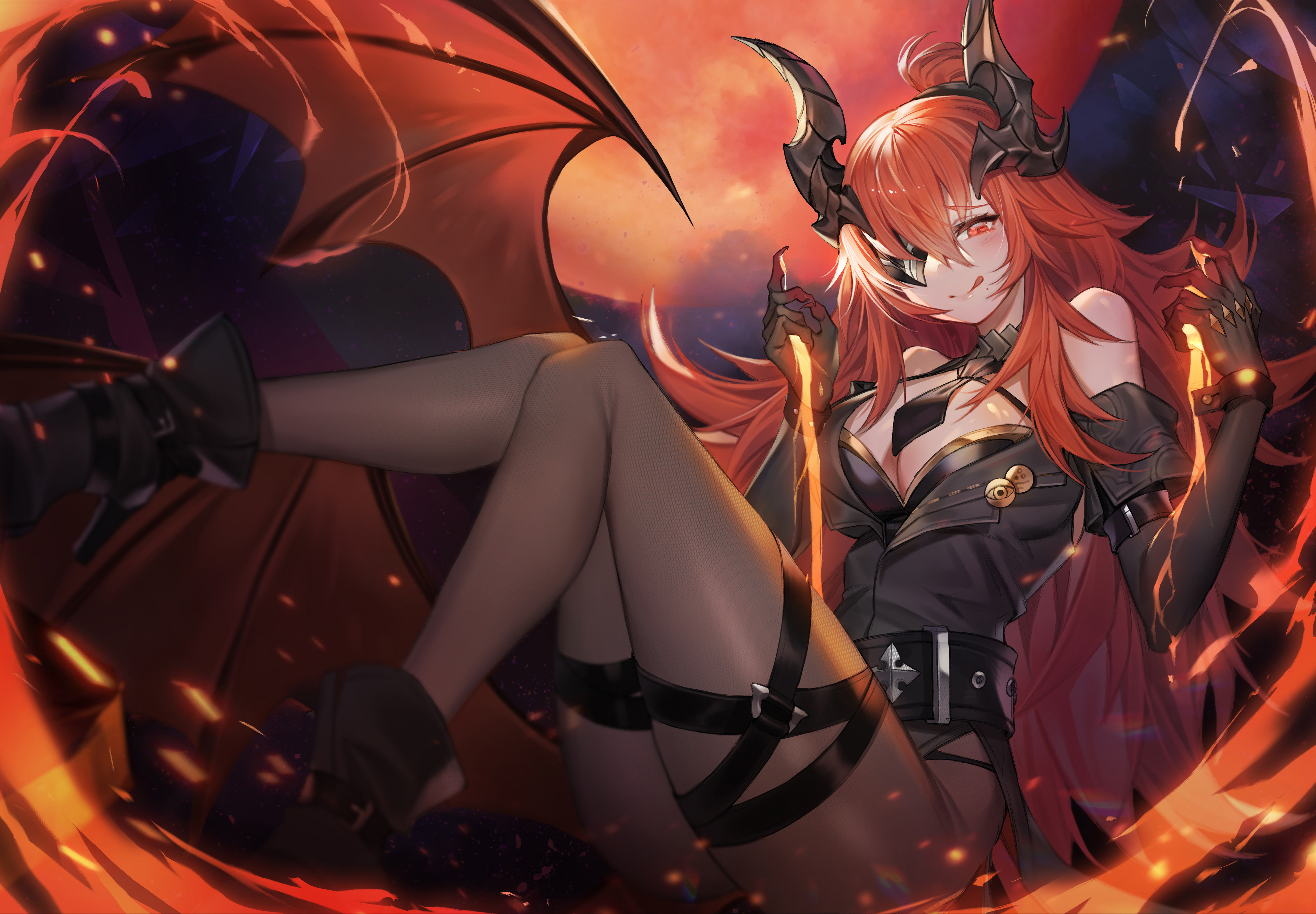 Anime 4678x3249 amnag anime anime girls dragon girl Alchemy Stars horns wings eyepatches red eyes redhead long hair licking lips pantyhose cleavage