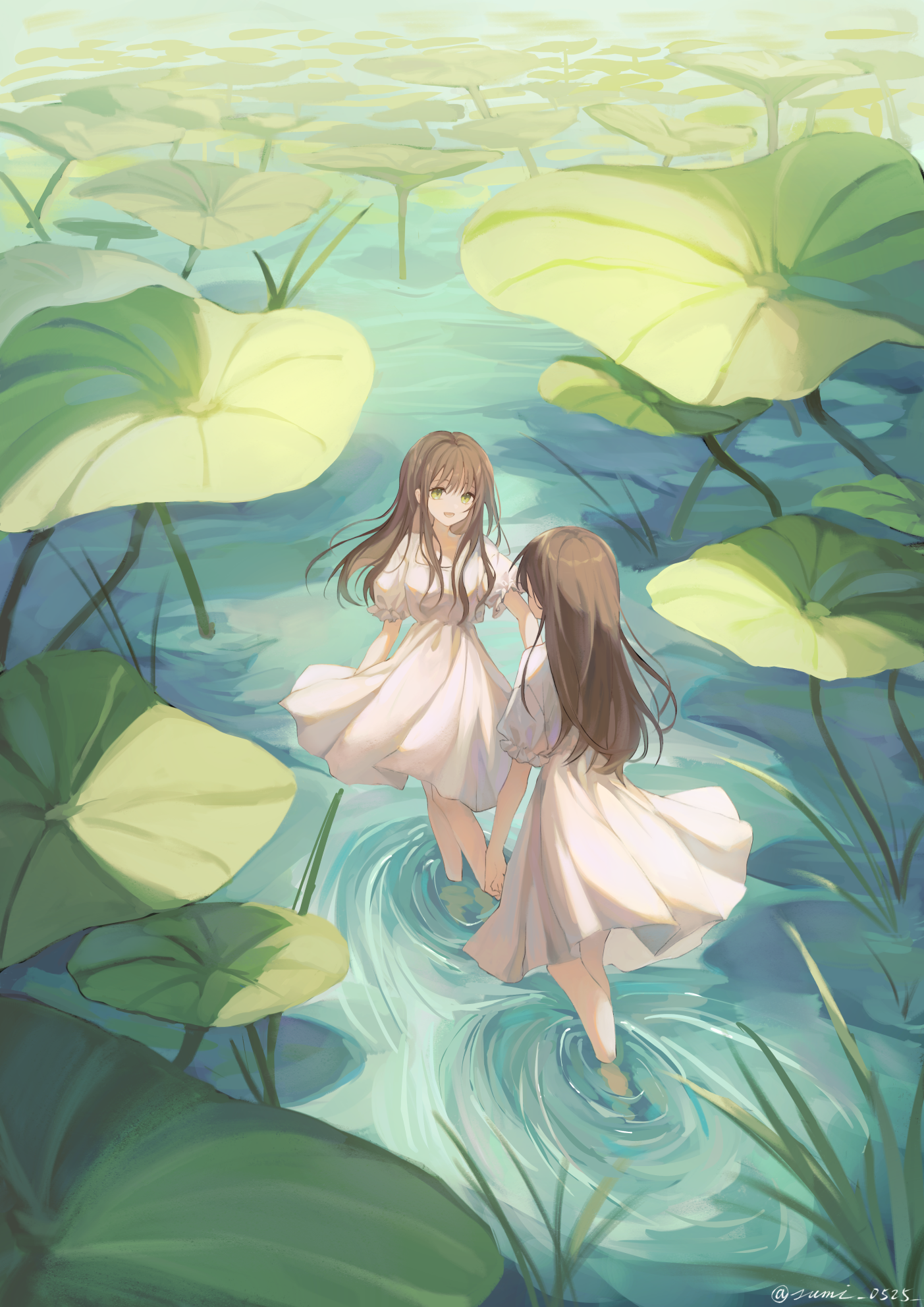 Anime 1403x1984 anime anime girls original characters twins two women artwork digital art fan art water lilies water