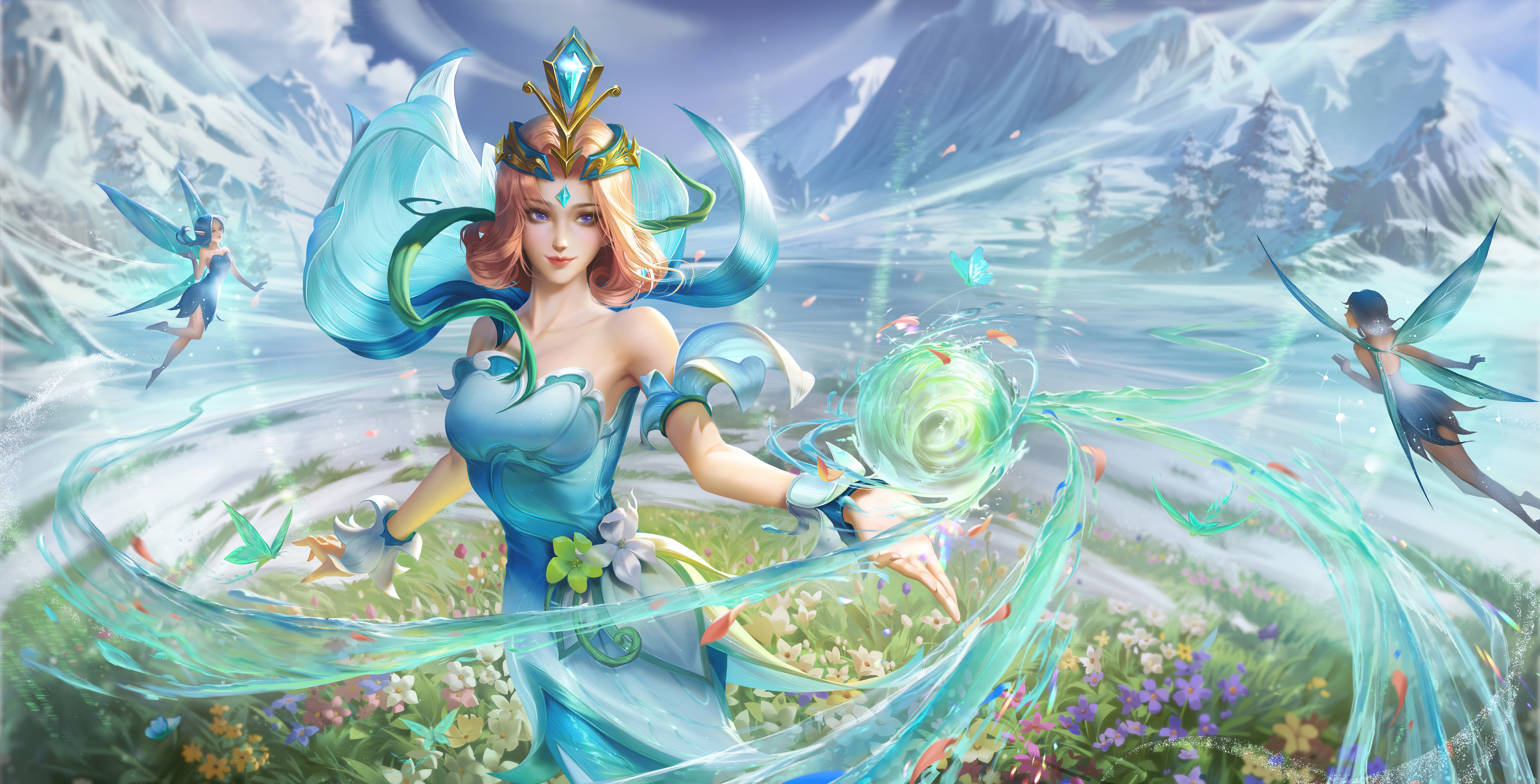 General 8485x4320 Honor of Kings video game characters video game girls women fantasy art video game art dress cyan dress fairies mountains flowers blonde PC gaming video games