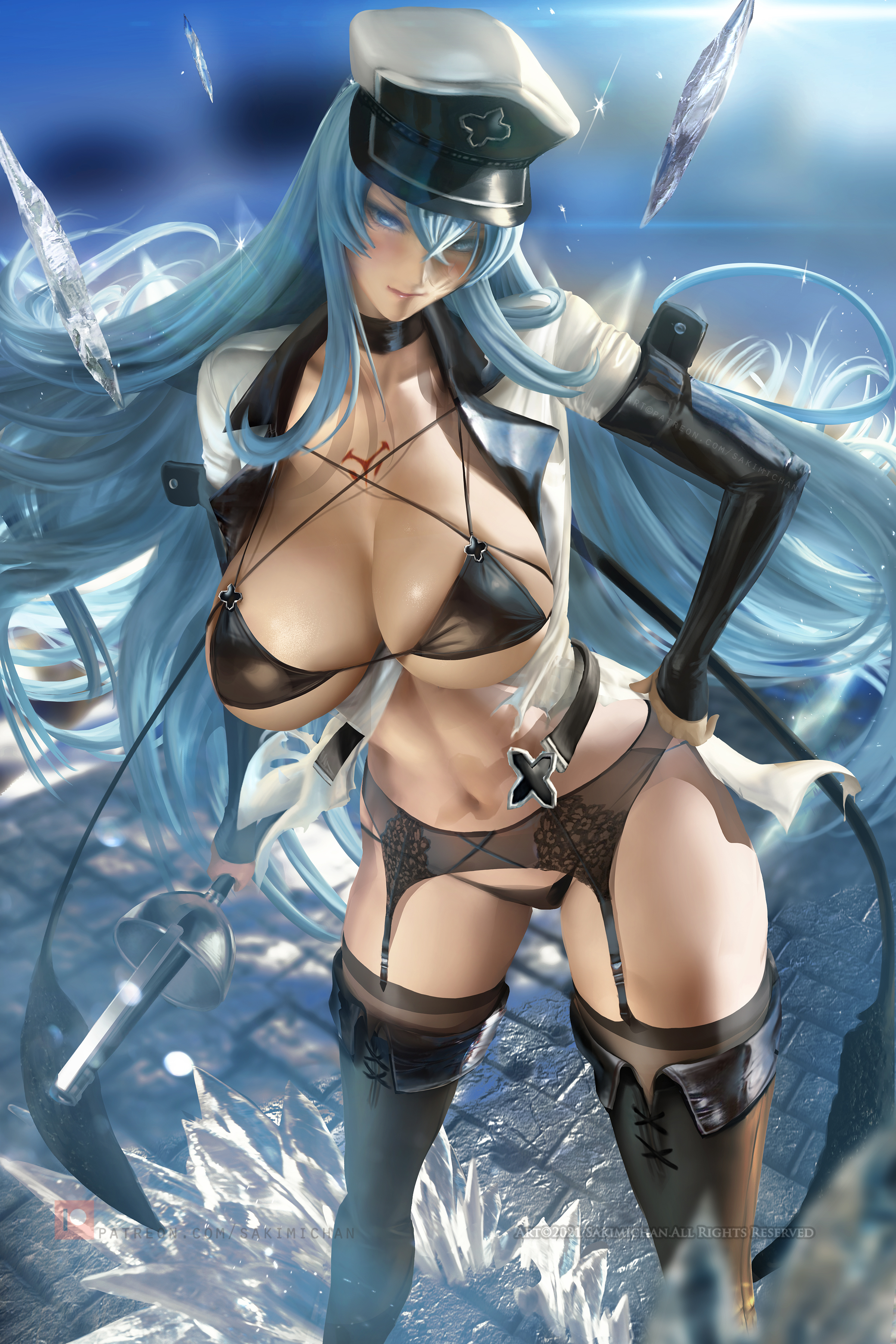 Anime 2400x3600 Esdeath (Akame Ga Kill!) Sakimichan fan art artwork big boobs garter straps garter belt anime girls blue hair long hair hat