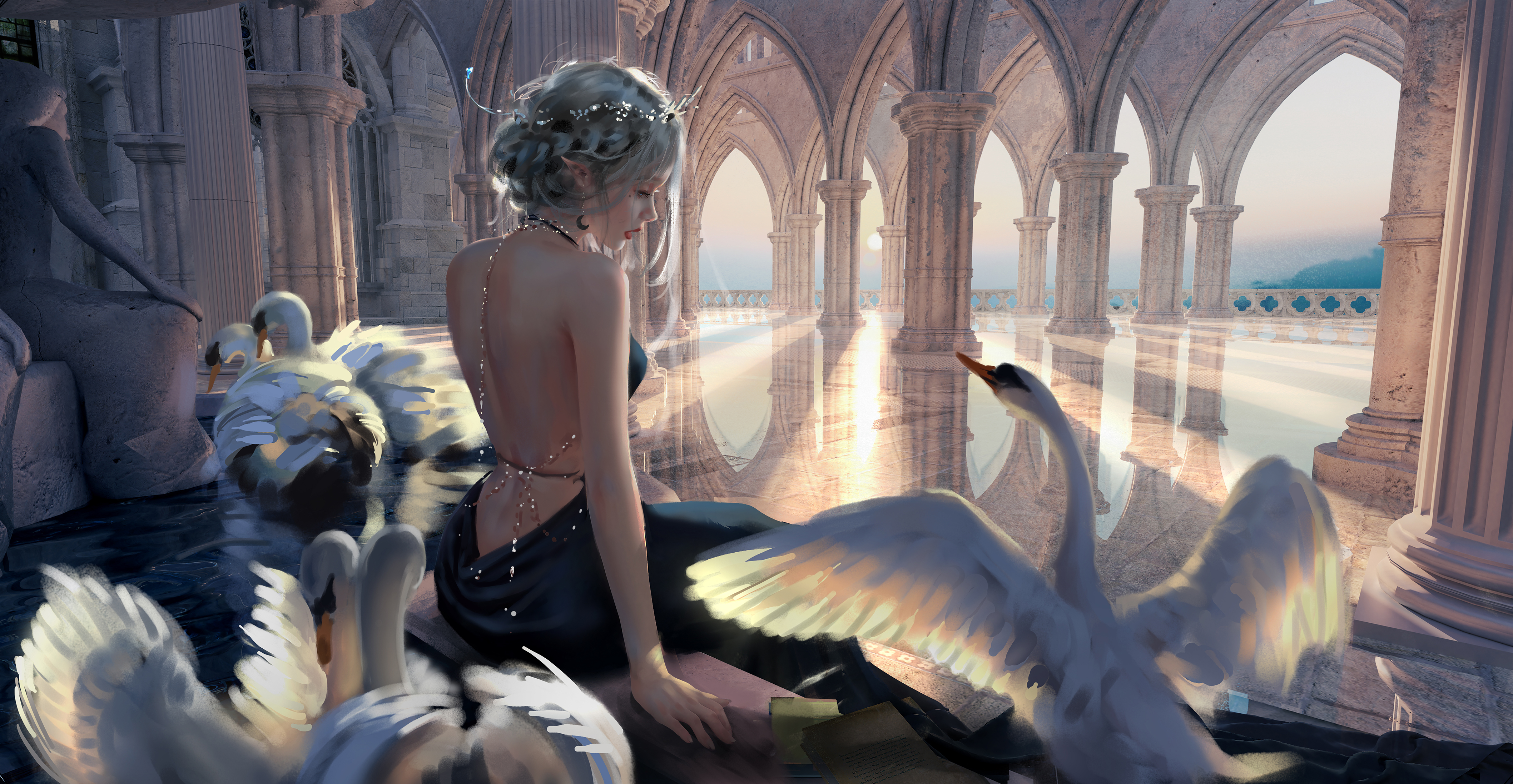 Anime 4234x2196 WLOP princess women artwork Ghostblade swans