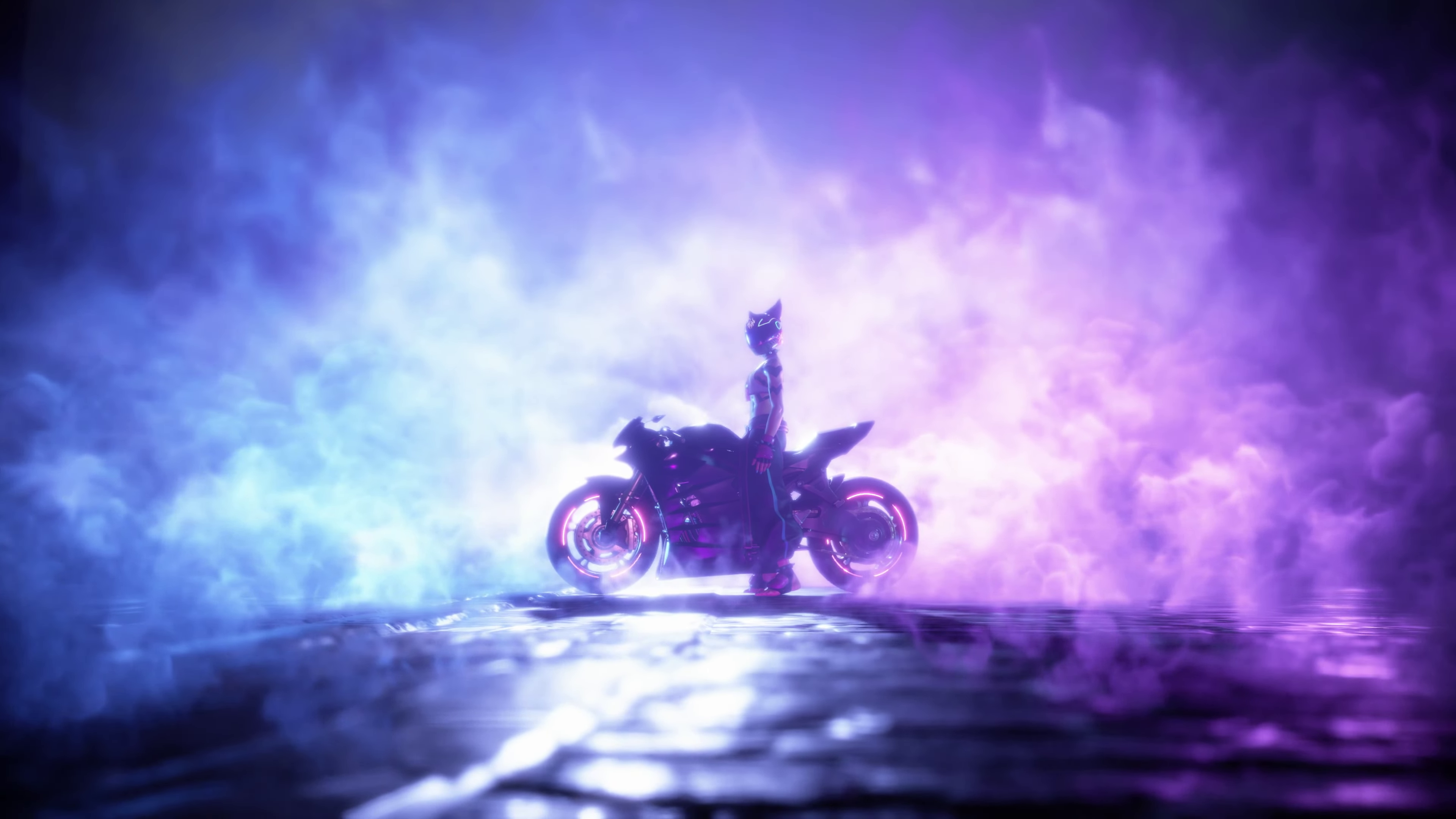 General 3840x2160 Han Juri Street Fighter video game characters digital art motorcycle vehicle helmet with horn helmet blue background purple background smoke side view