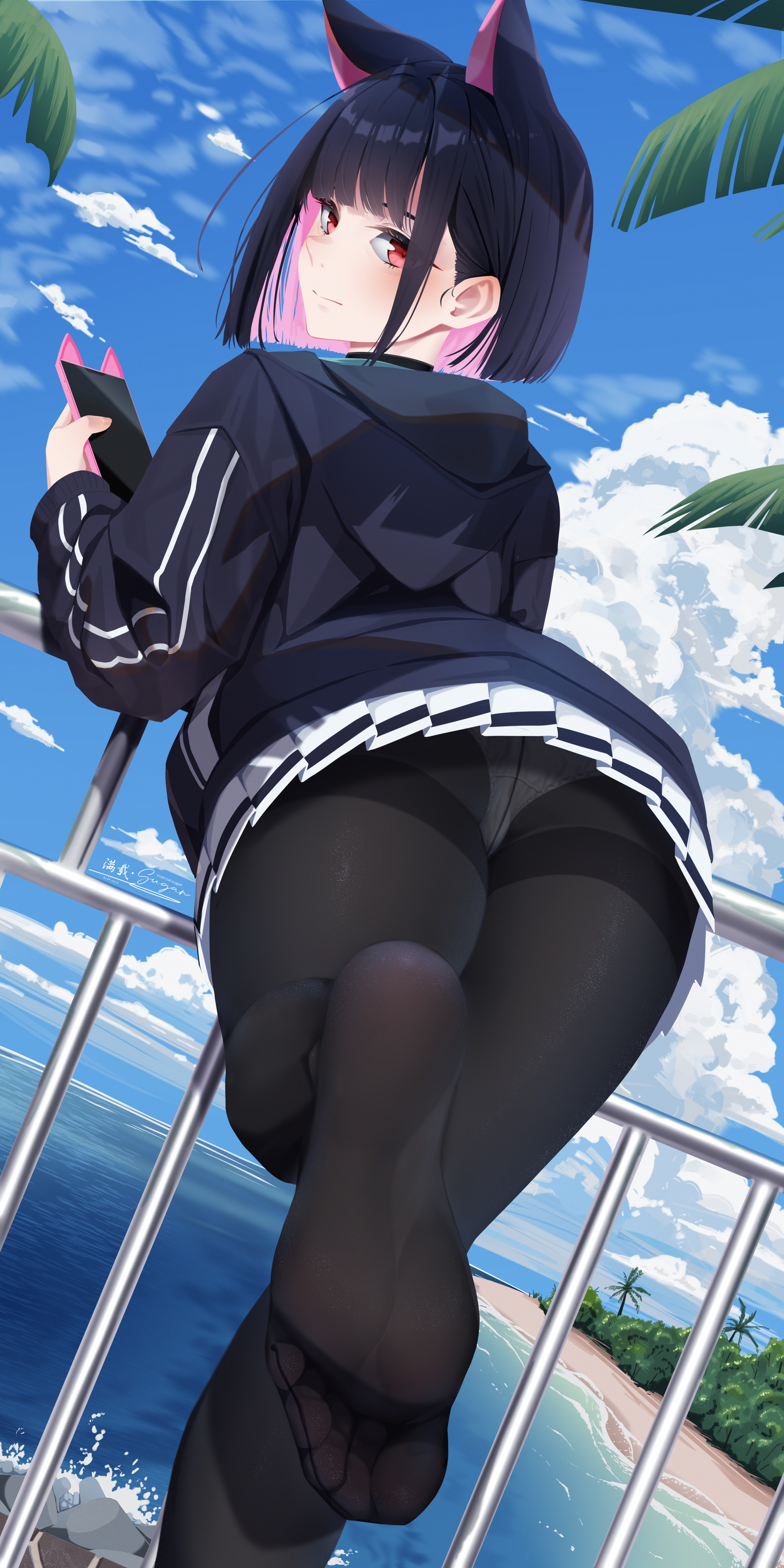 Anime 2350x4700 anime anime girls panties pantyhose upskirt animal ears feet Blue Archive looking over shoulder ass looking back clouds looking at viewer short hair Kyouyama Kazusa phone holding phone leaves closed mouth smiling two tone hair black pantyhose water palm trees bent over cat girl cat ears blushing Manzai Sugar portrait display foot sole panties under pantyhose