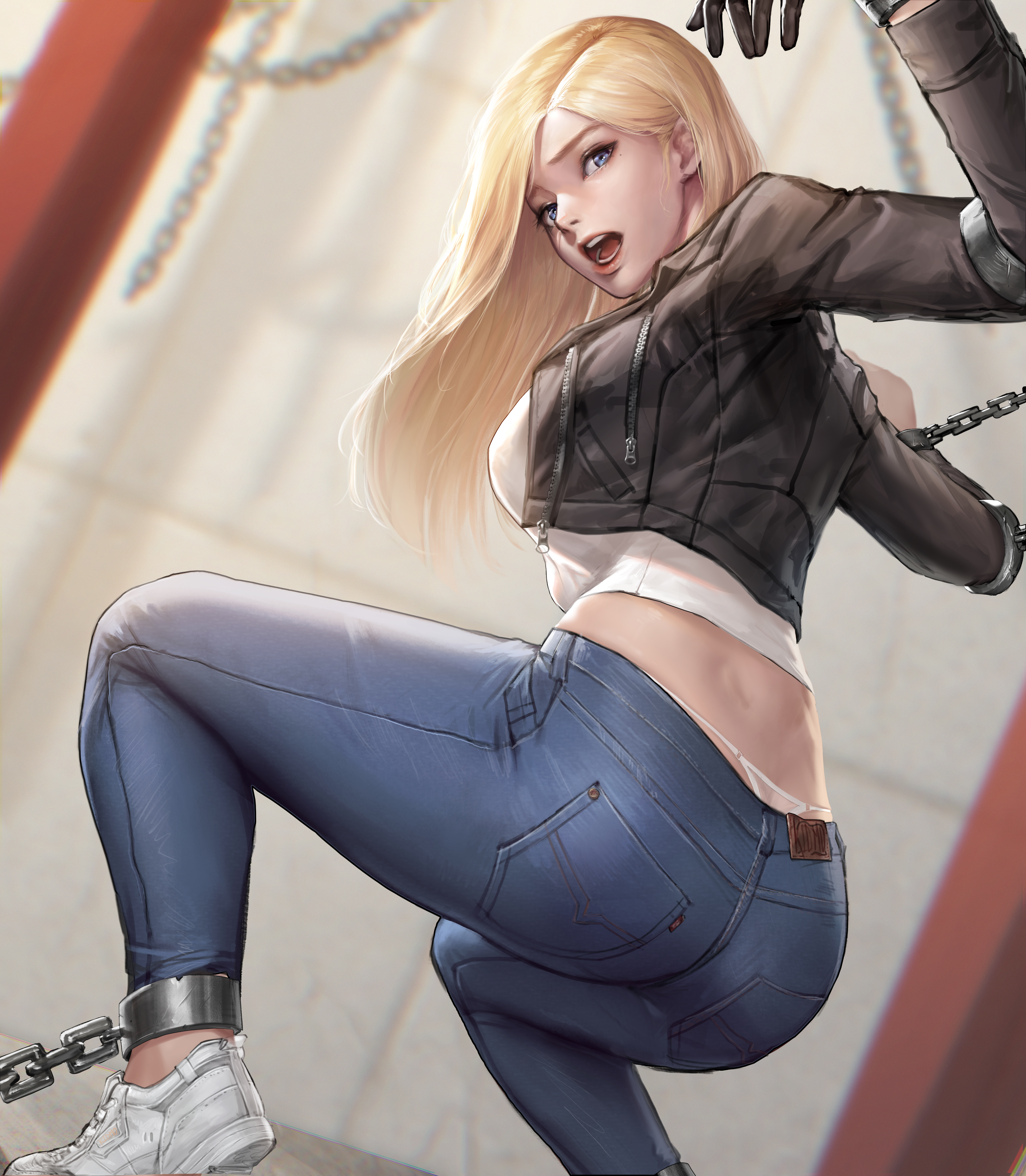 General 4684x5368 anime drawing artwork digital art blonde chain on foot chain-link chains jacket white sneakers jeans skinny jeans white tops gloves blue eyes Kidmo ass rear view women whale tails bound