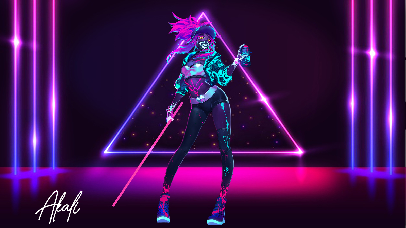 Anime 1600x900 League of Legends Akali (League of Legends) neon pants standing PC gaming video game art