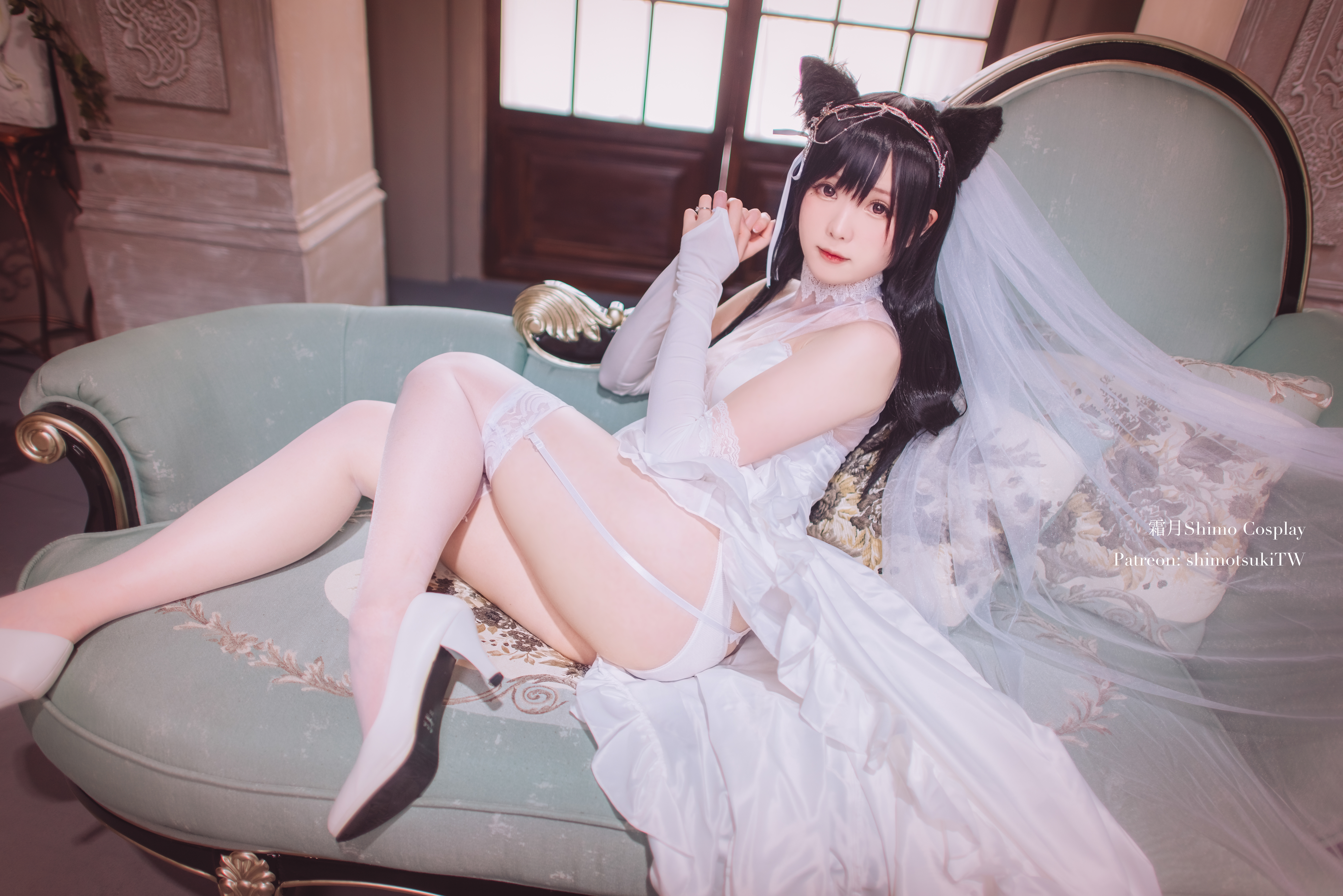 People 7360x4912 women model brunette Asian cosplay brides wedding dress dress white dress white clothing lingerie white lingerie garter straps stockings white stockings veils panties white panties high heels thighs ass looking at viewer indoors women indoors Shimo Cosplay