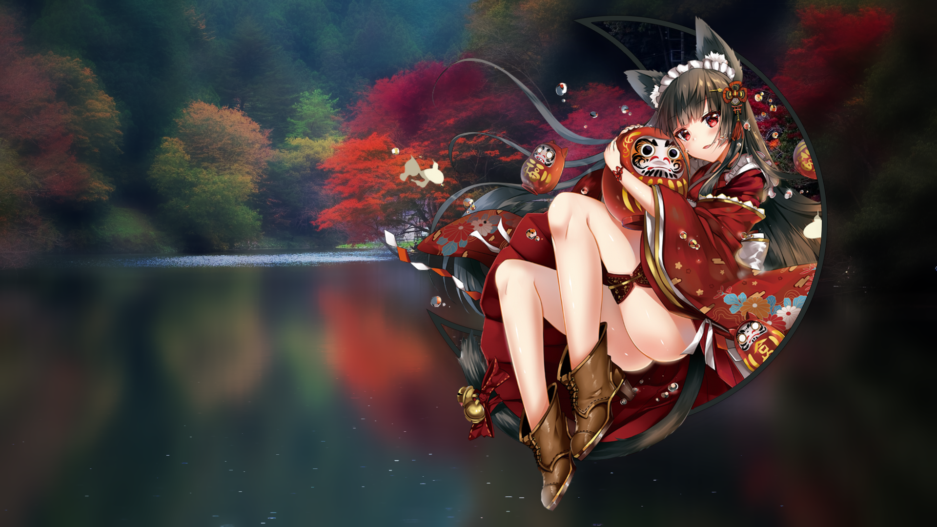 Anime 1920x1080 picture-in-picture forest lake fall