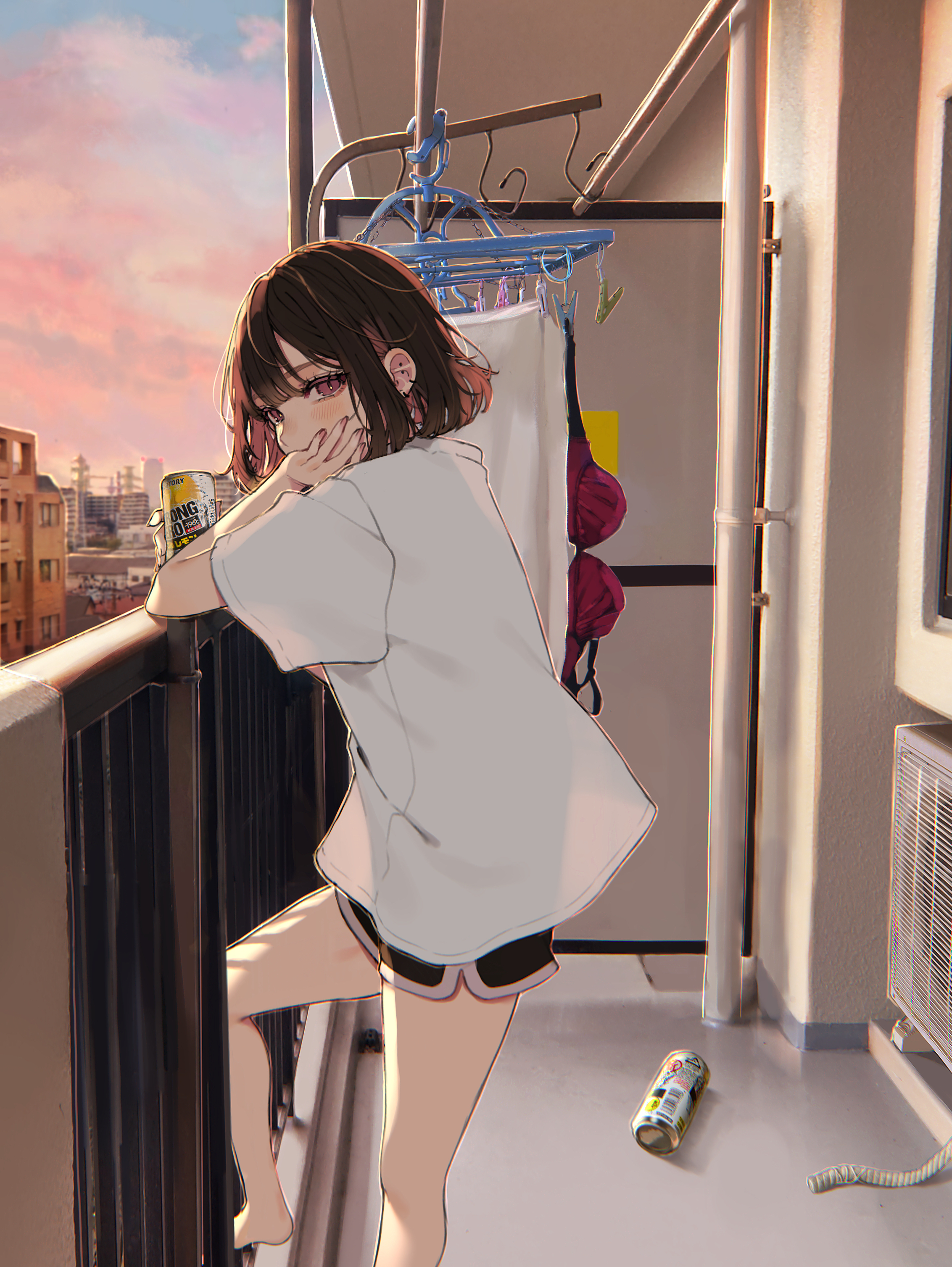 Anime 2265x3015 anime anime girls balcony portrait display short hair brunette Daluto looking at viewer can standing bra laundry purple eyes shoulder length hair T-shirt white tops