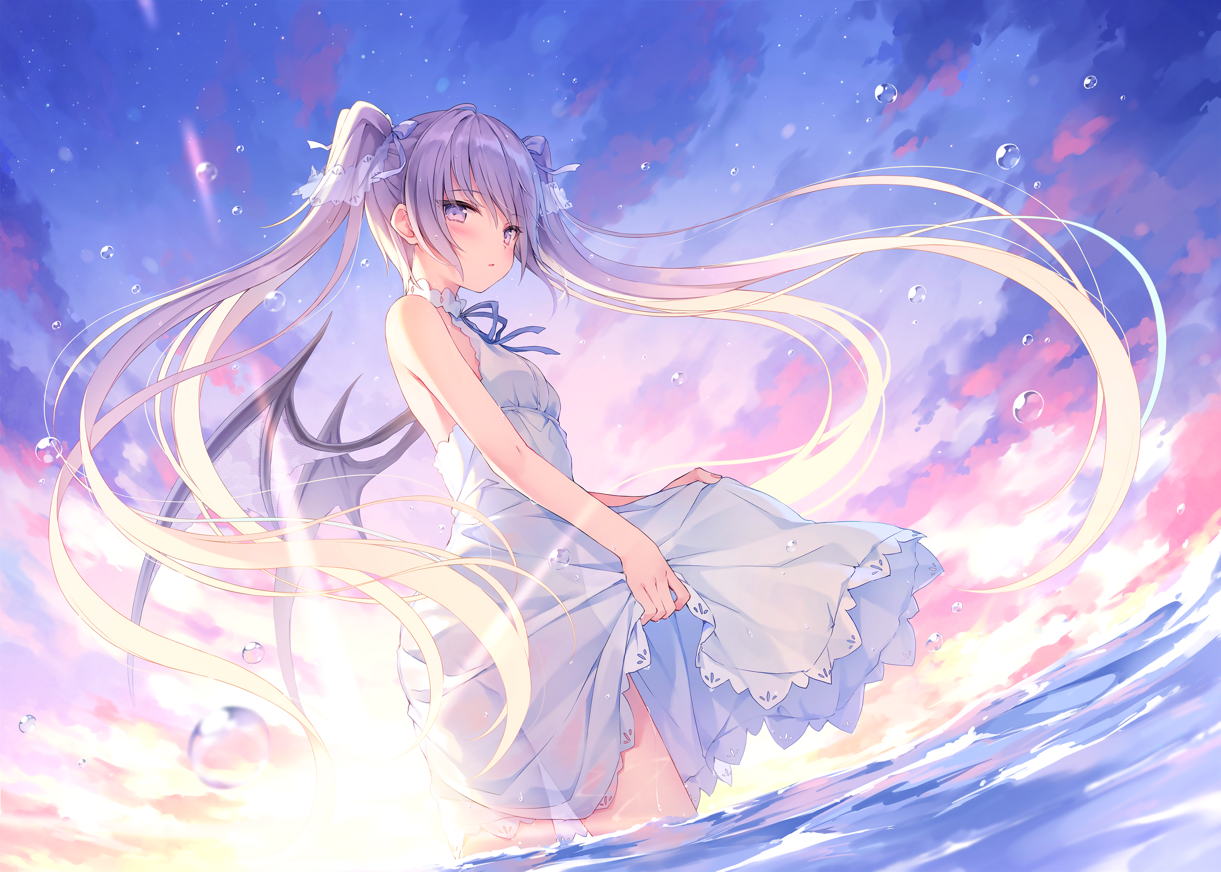 Anime 4096x2926 anime girls dress water long hair purple hair purple eyes sky clouds twintails wings sun dress Rurudo artwork