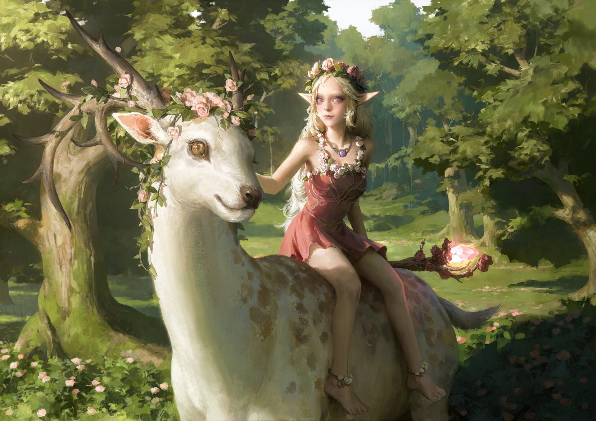General 1920x1355 fantasy art illustration pointy ears deer Druid flowers forest elves