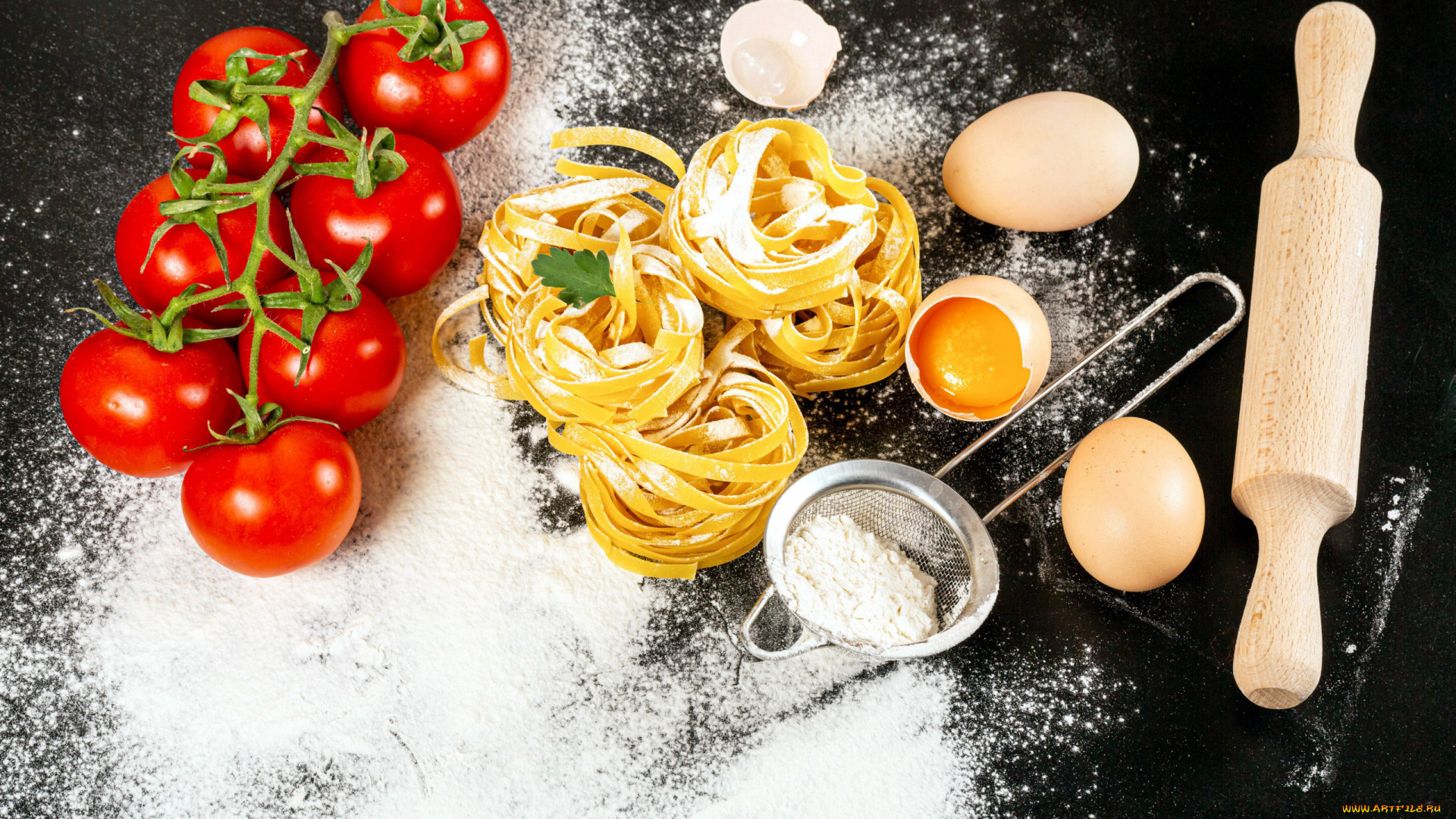General 1920x1080 food tomatoes noodles eggs cooking rolling pin pasta flour