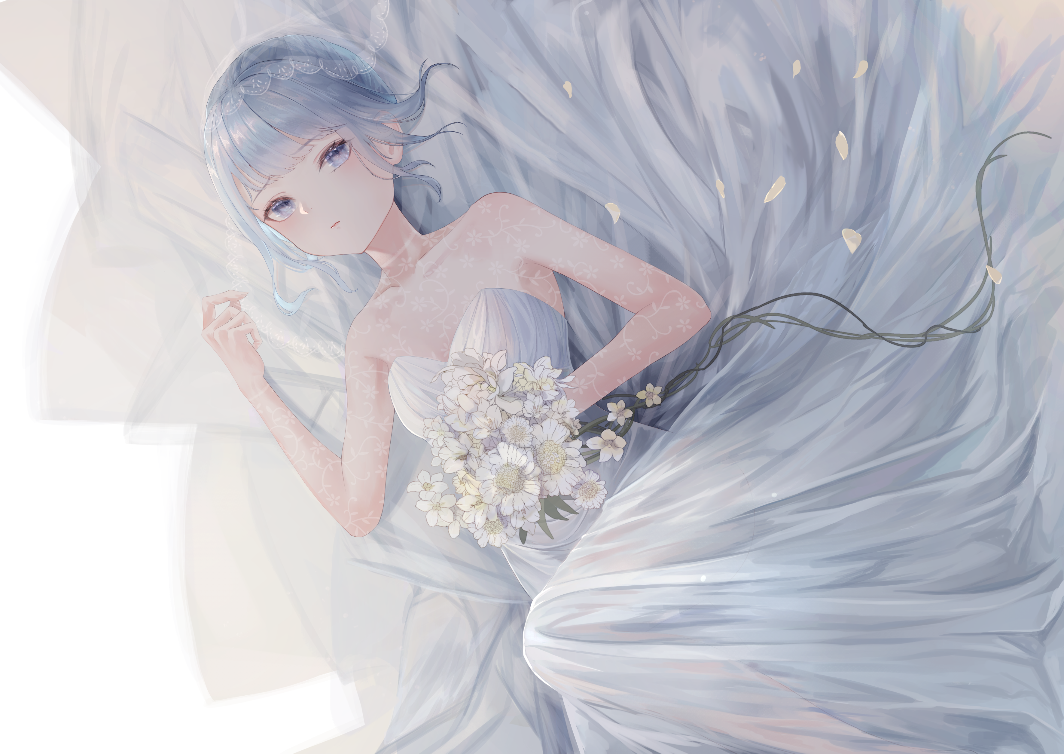 Anime 3541x2508 anime girls flowers wedding dress blue hair bangs nenya oekaki