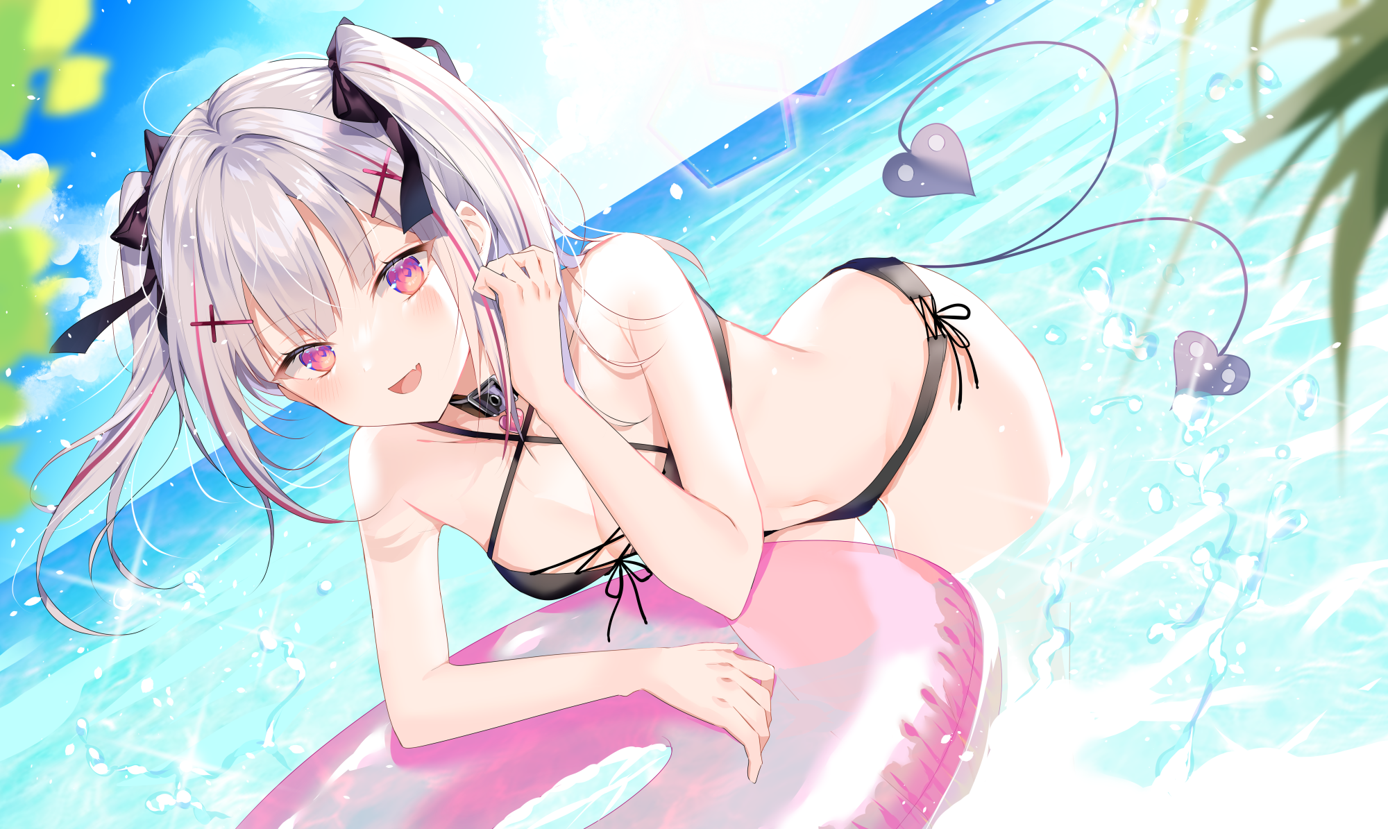 Anime 2000x1195 anime girls pink eyes bikini water smile silver hair twintails tail Myusha