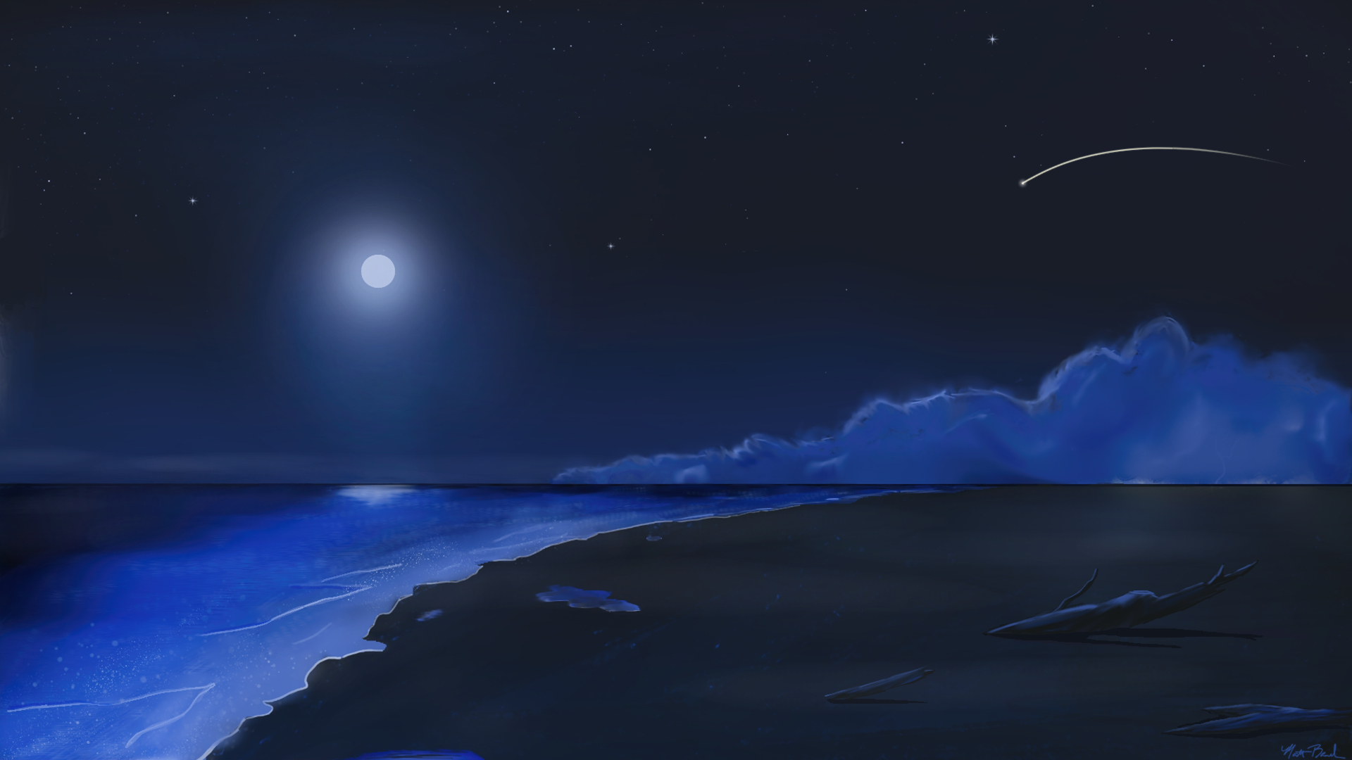General 1920x1080 digital art ocean view night shooting stars beach landscape moonlight