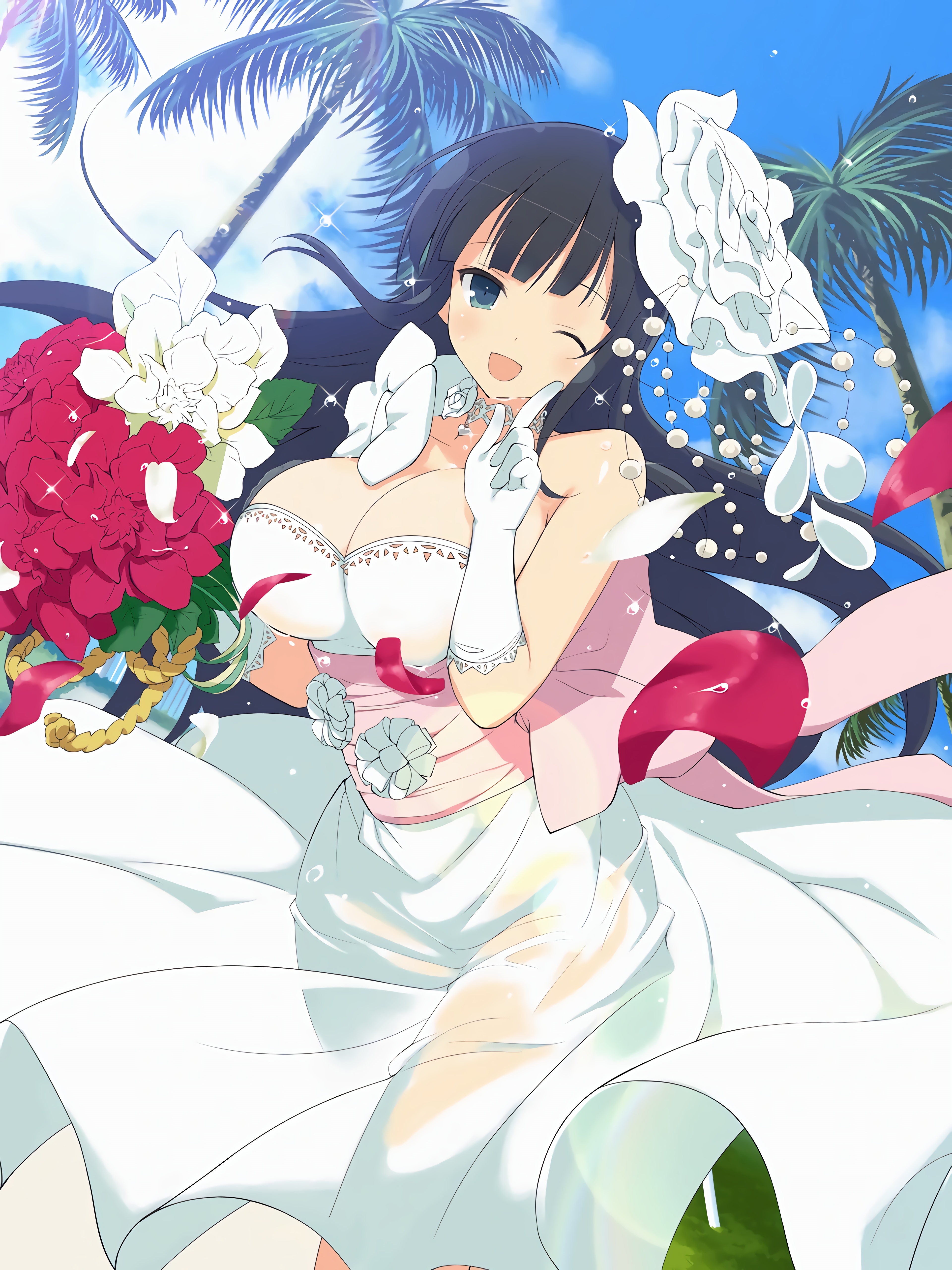 Anime 3840x5120 Senran Kagura women anime anime girls big boobs cleavage wedding dress flowers petals