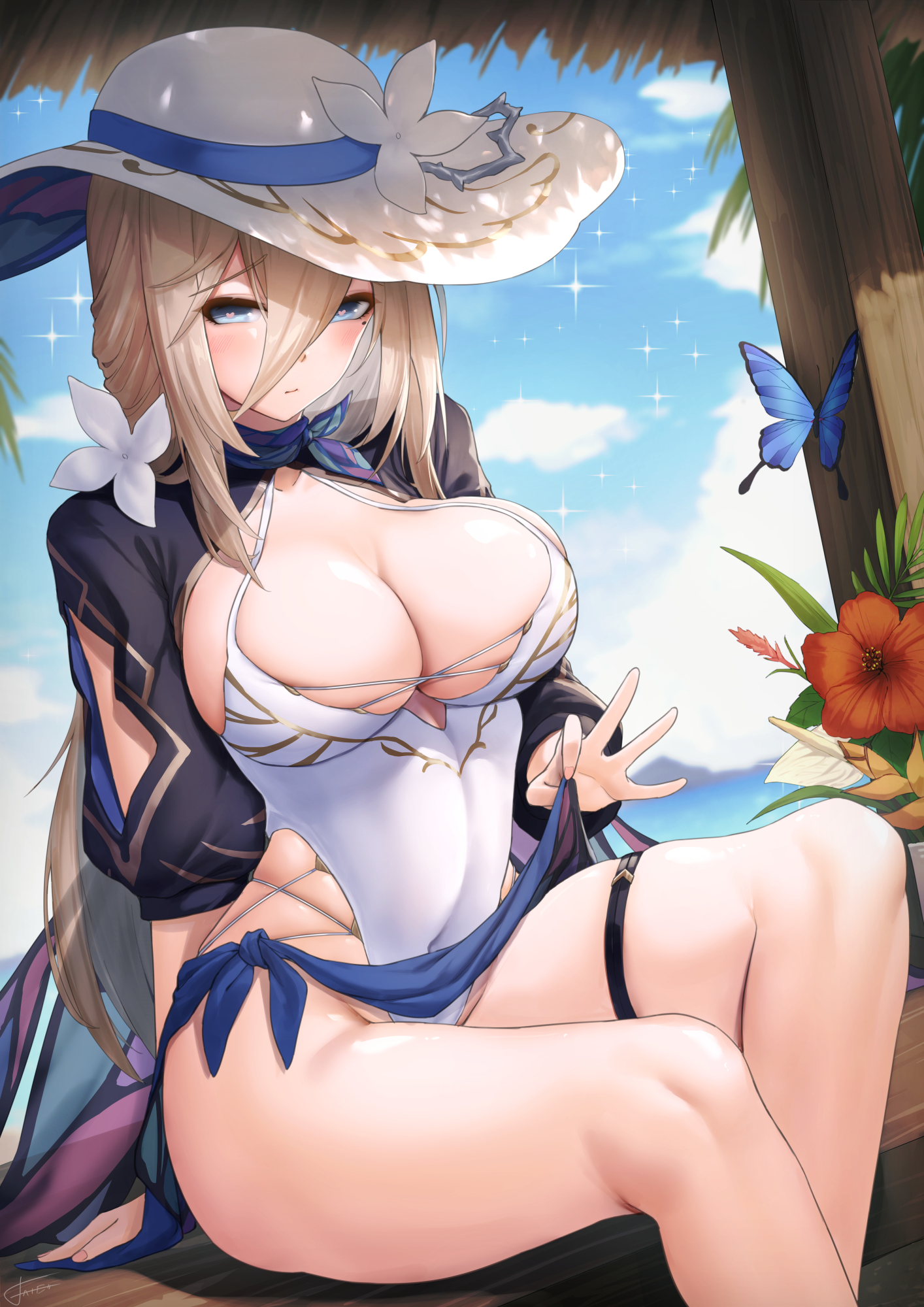 Anime 1414x2000 Honkai Impact 3rd Aponia anime girls cleavage big boobs butterfly flowers straw hat