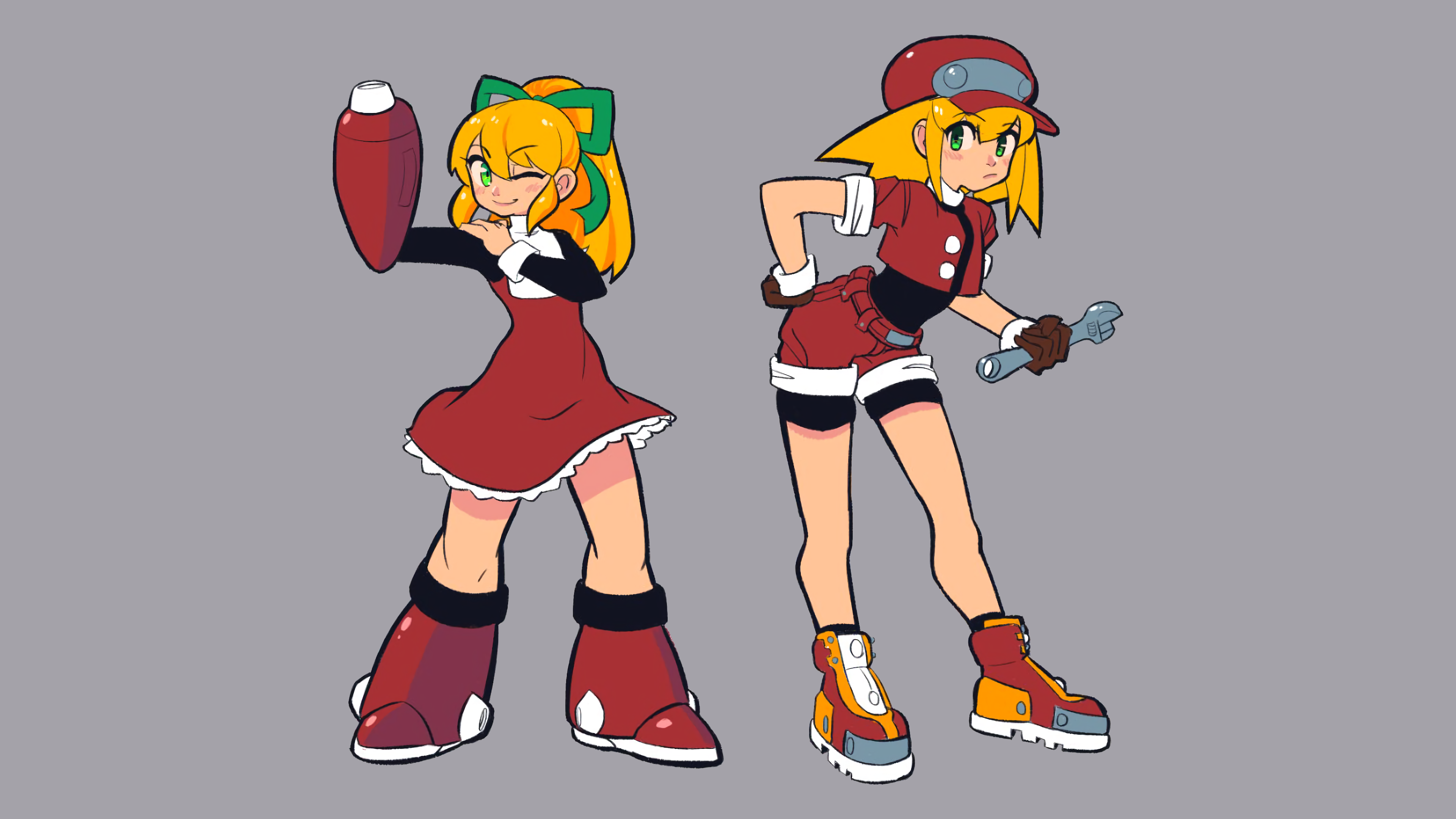 Anime 3840x2160 Roll  Mega Man Megaman Legends rockman Capcom cannons blonde dress red dress ribbon shorts jean shorts robot wink looking at viewer jacket red jackets ponytail bangs short hair long hair sneakers short shorts gloves cuffs wrench video games video game girls fictional character green eyes simple background