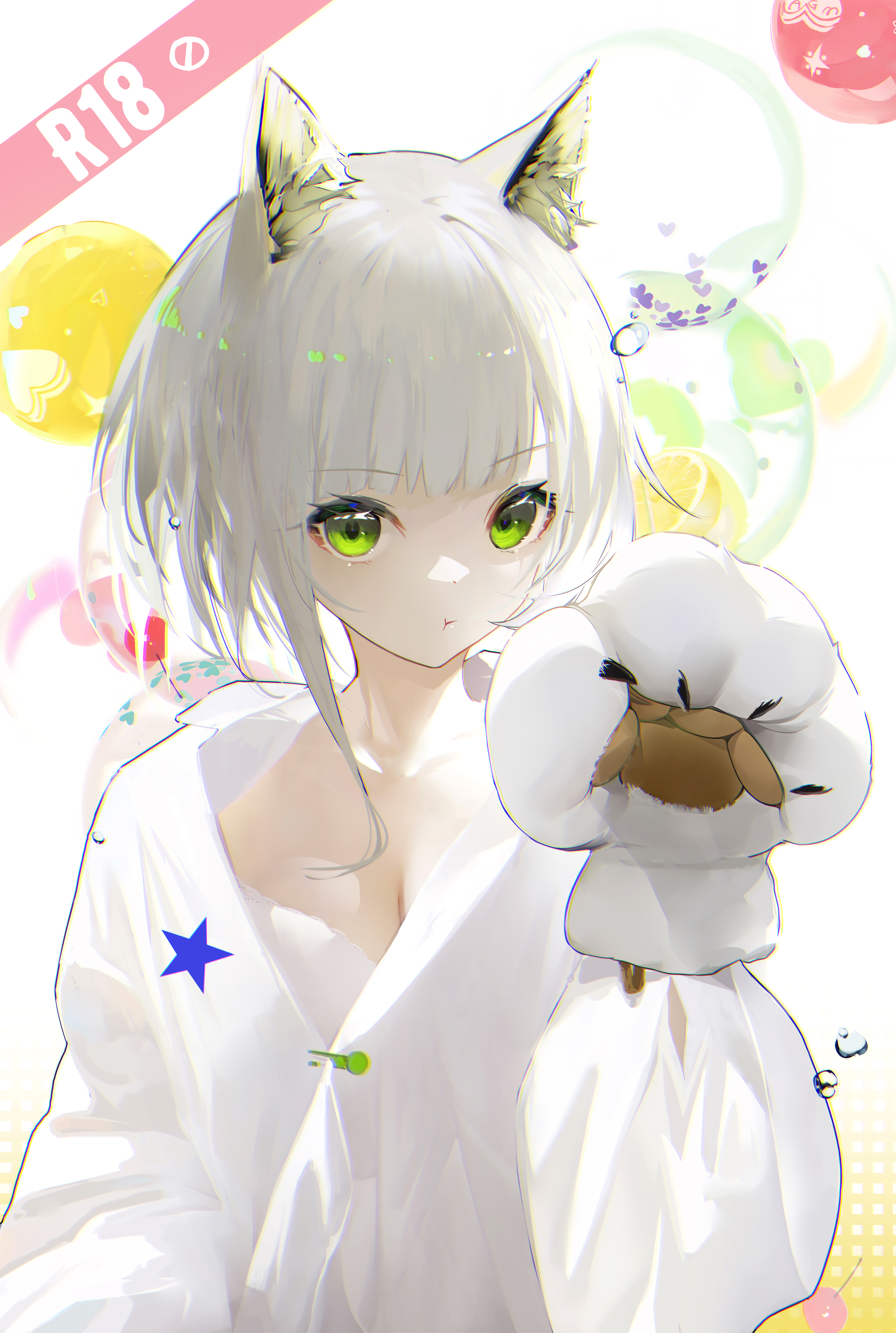 Anime 4100x6100 anime anime girls animal ears cat girl Omone Hokoma Agm Kal'tsit (Arknights) cat ears looking at viewer short hair white hair portrait display green eyes Arknights closed mouth water drops Cat Gloves