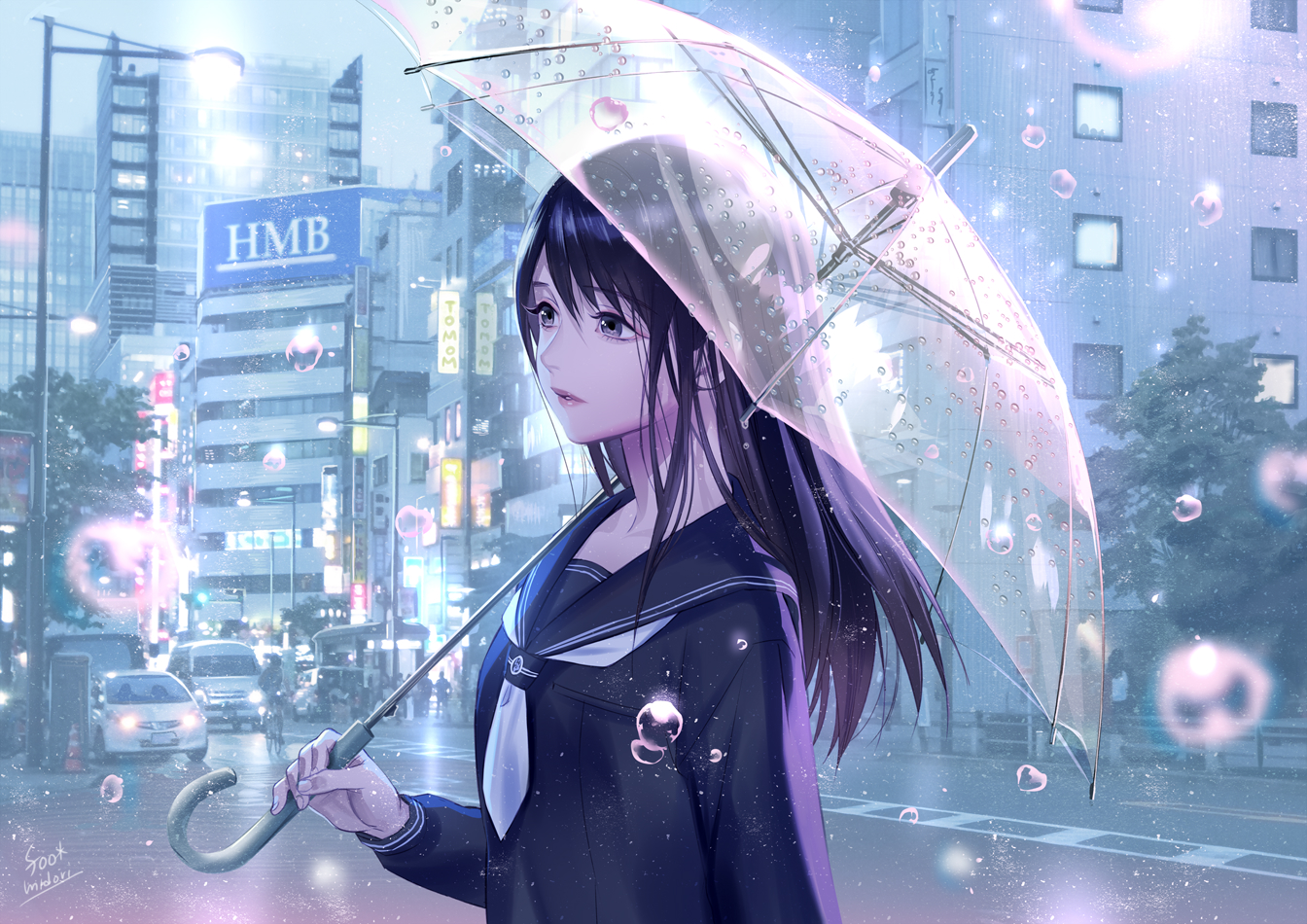 Anime 1344x950 anime girls umbrella rain anime road