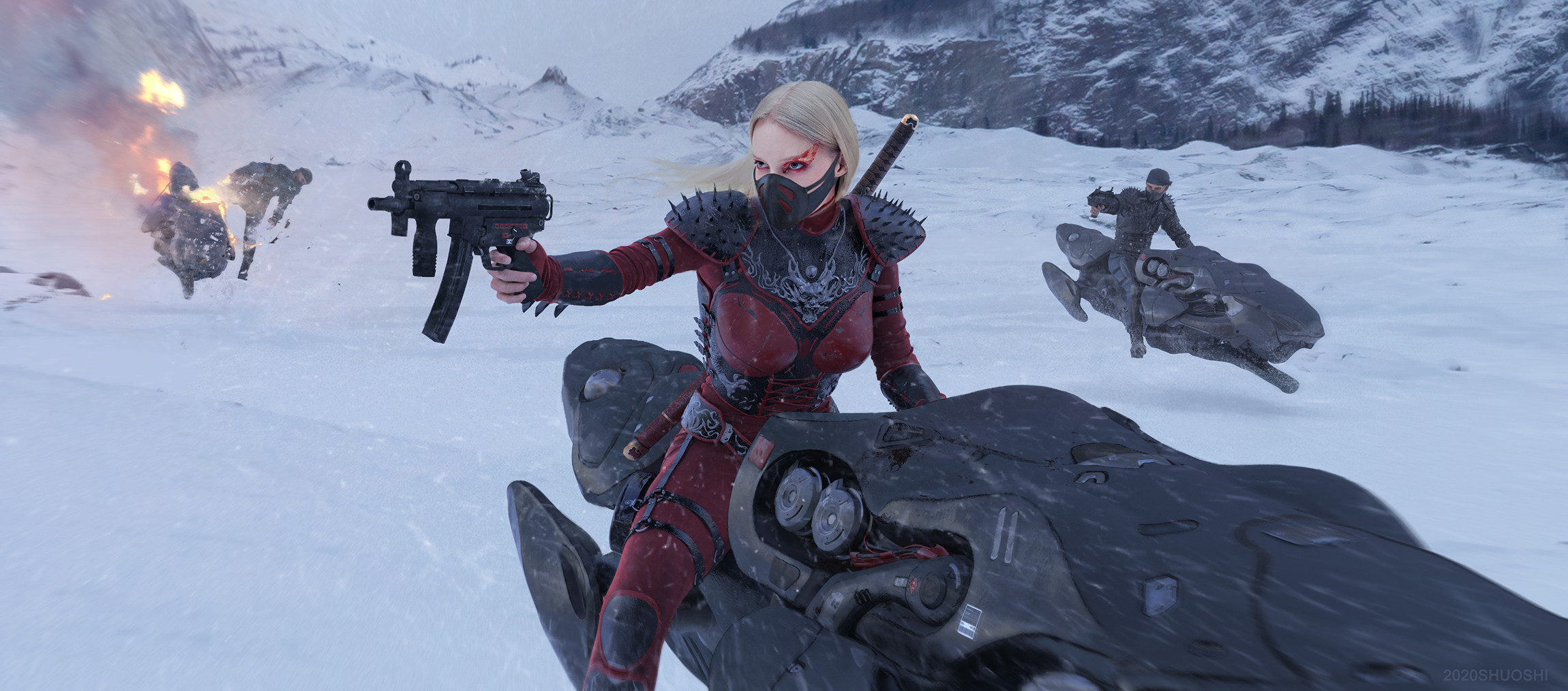 General 2300x1015 science fiction artwork women vehicle weapon girls with guns blonde machine gun