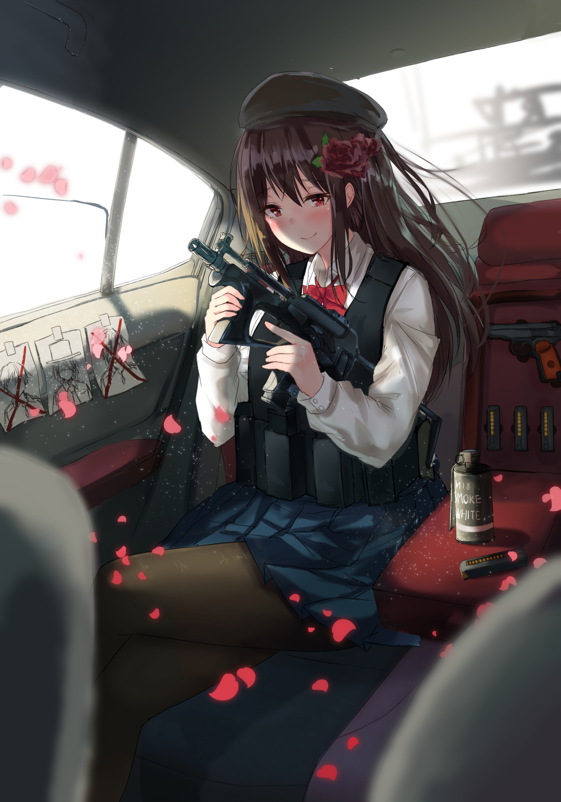 Anime 1120x1600 Karo-chan anime girls anime brunette red eyes weapon smiling car interior gun