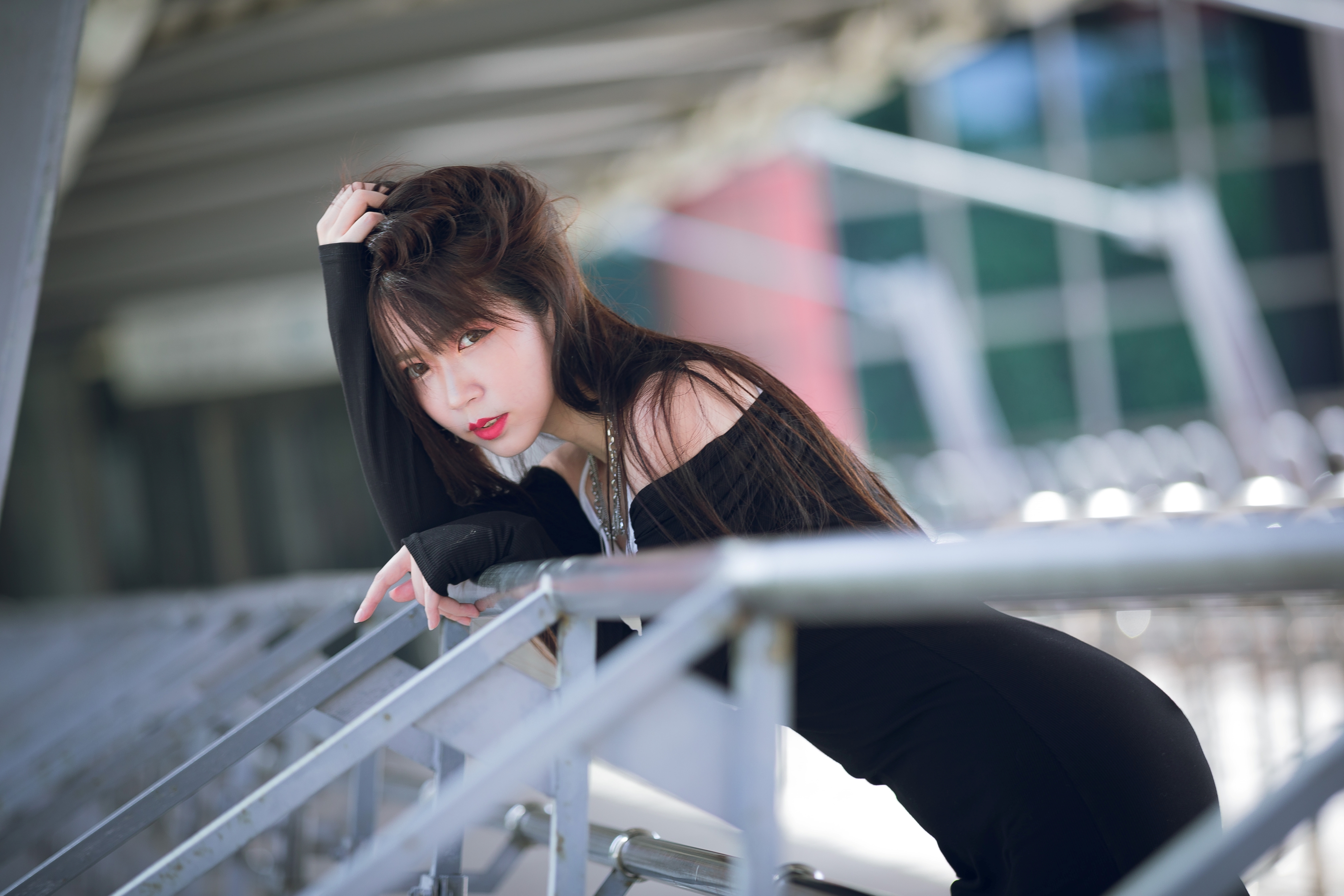 People 3840x2560 Serene Liu women model Asian brunette bangs black clothing looking at viewer parted lips red lipstick bare shoulders necklace dress depth of field outdoors women outdoors