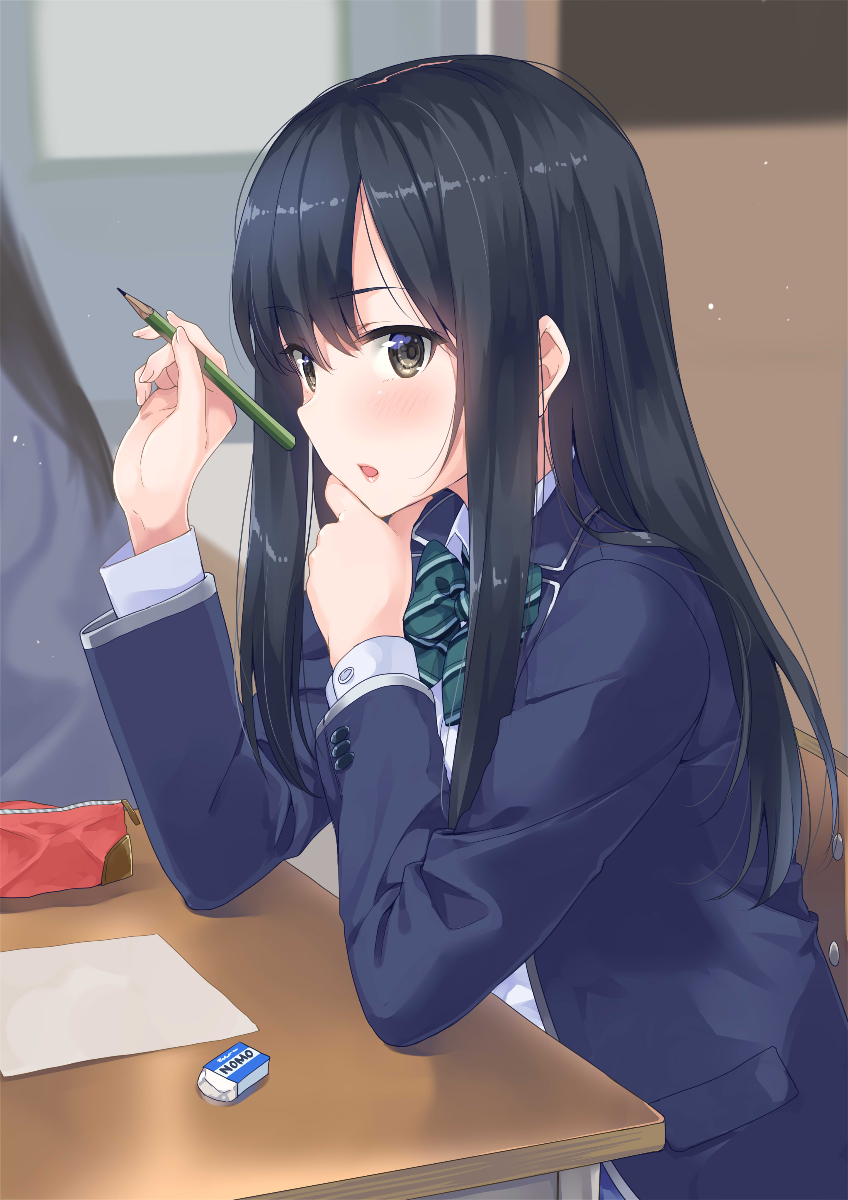 Anime 2893x4092 Unasaka anime girls anime portrait display parted lips looking at viewer school uniform classroom black hair gray eyes pencils Eraser