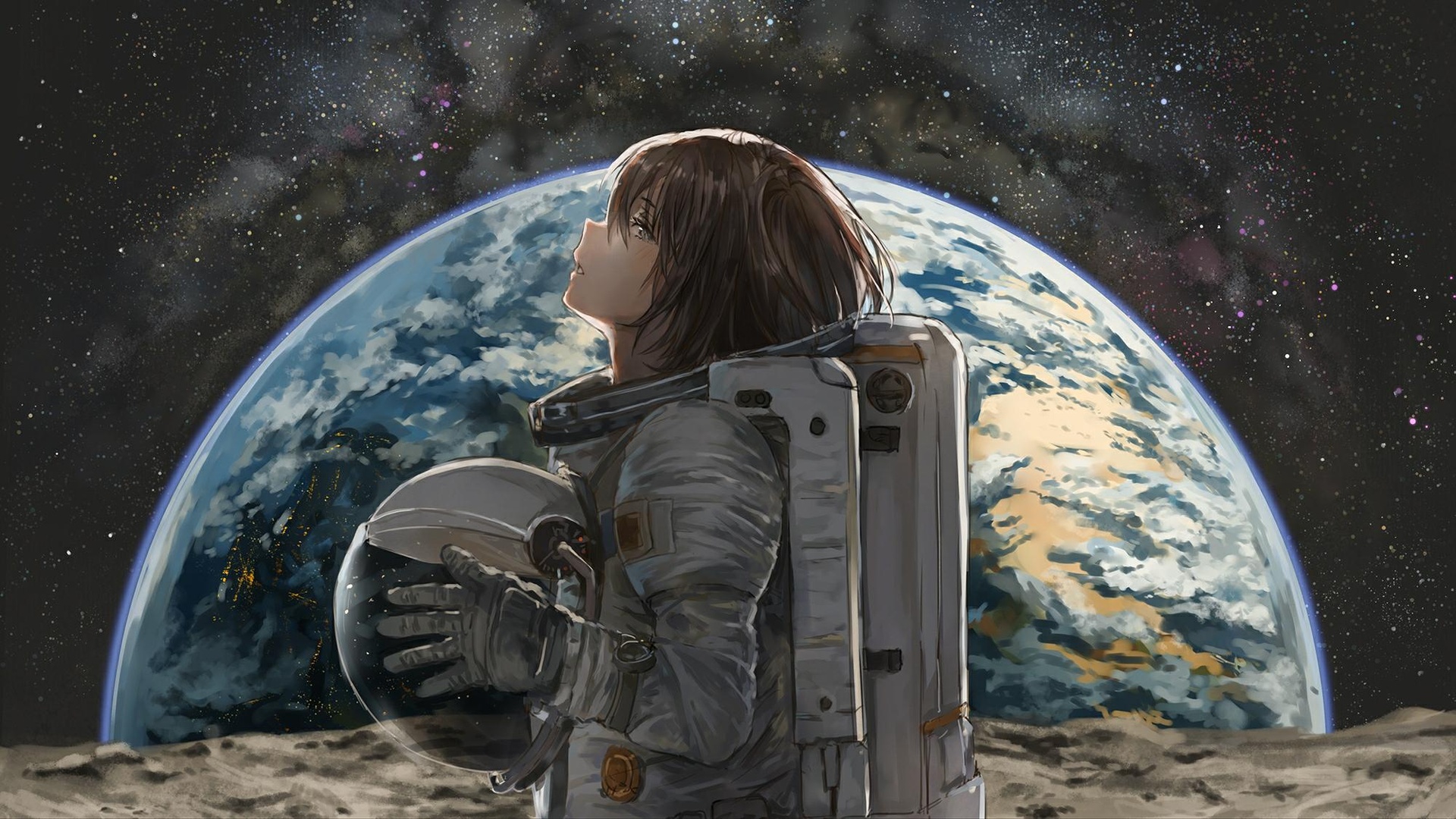 Anime 1920x1080 astronaut anime girls Earth space brunette catzz