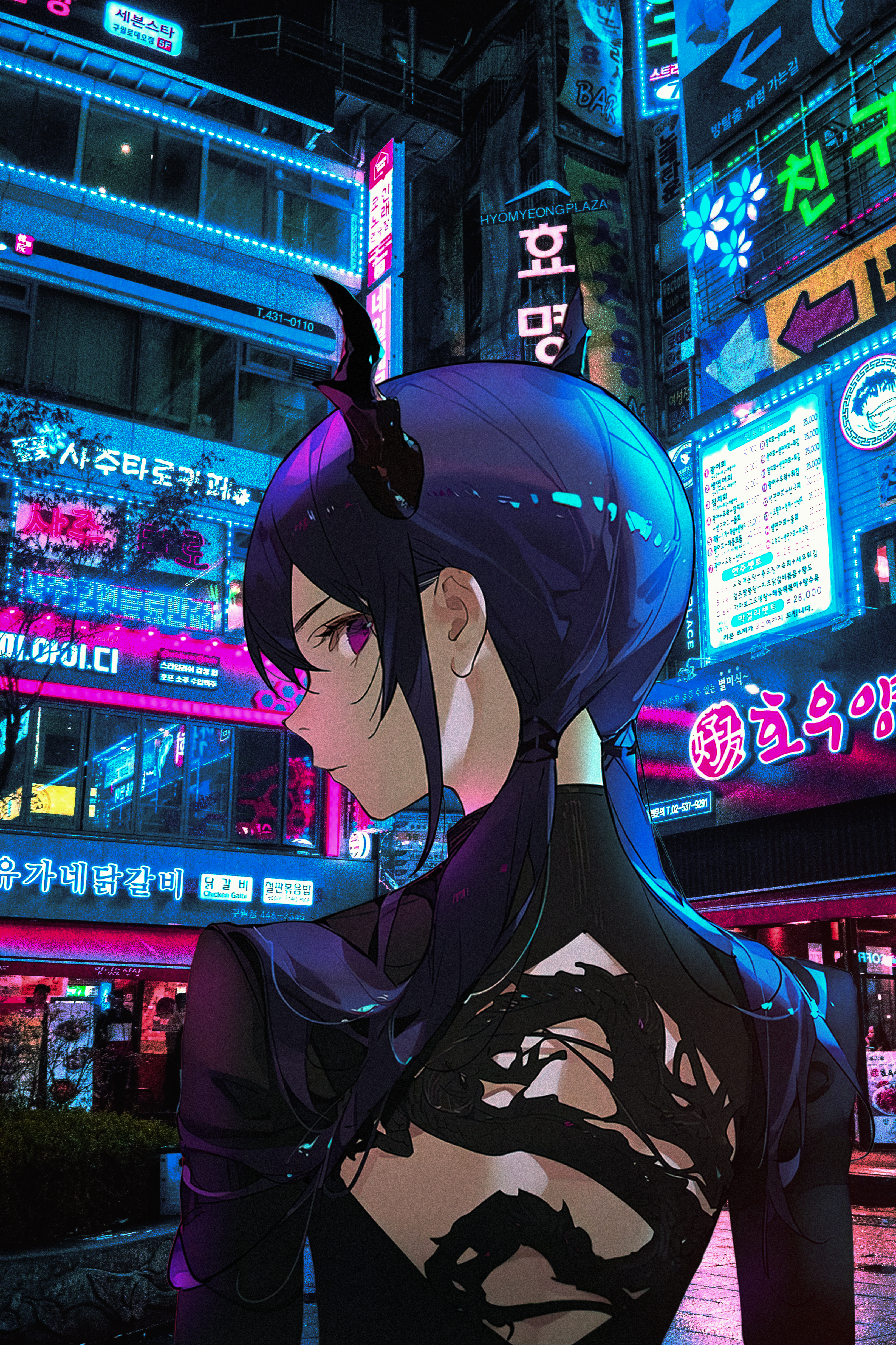 Anime 3267x4898 anime cyberpunk night city neon 2D anime girls dragon girl horns blue hair purple eyes looking back Arknights Chen (Arknights)