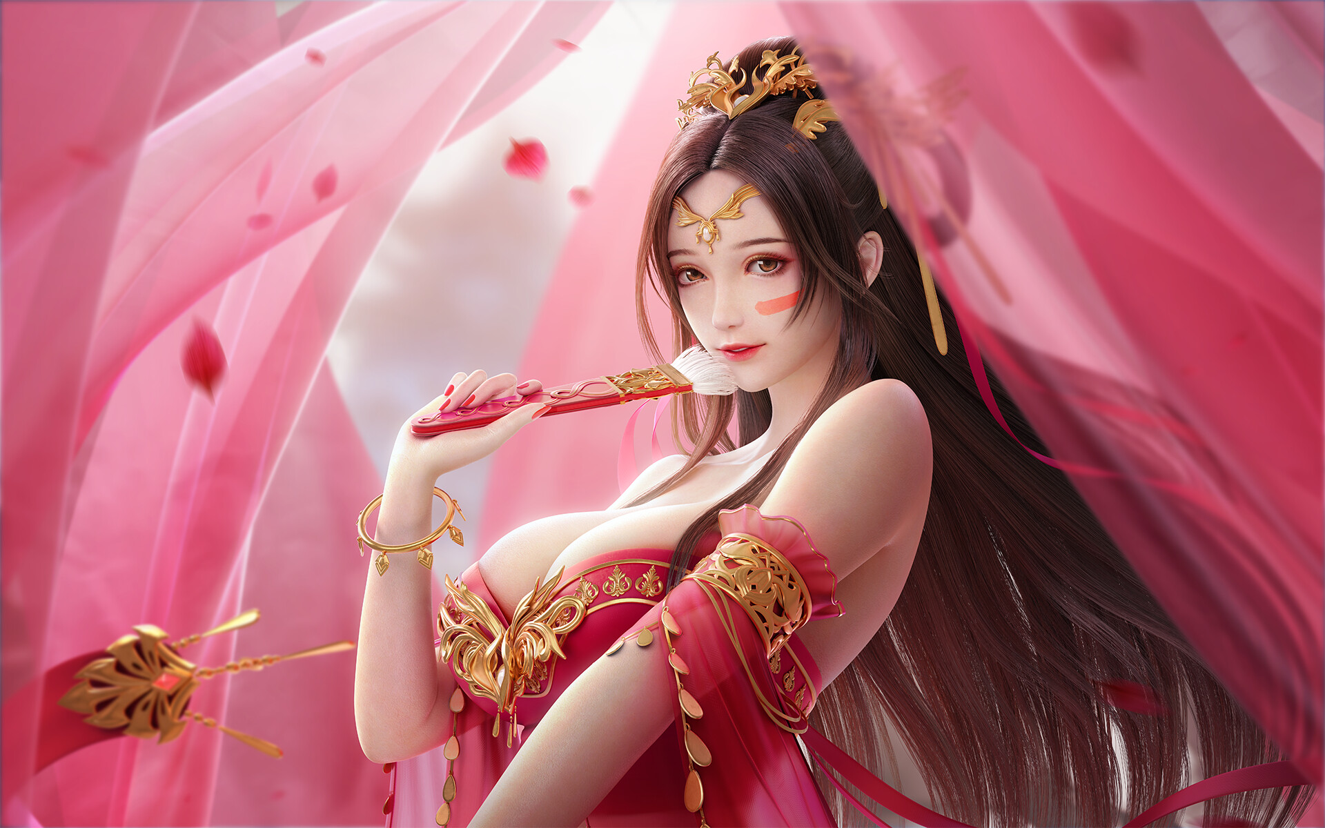 General 1920x1200 Cavan drawing Asian women brunette hair accessories cleavage dress red clothing brush pink curtains face paint