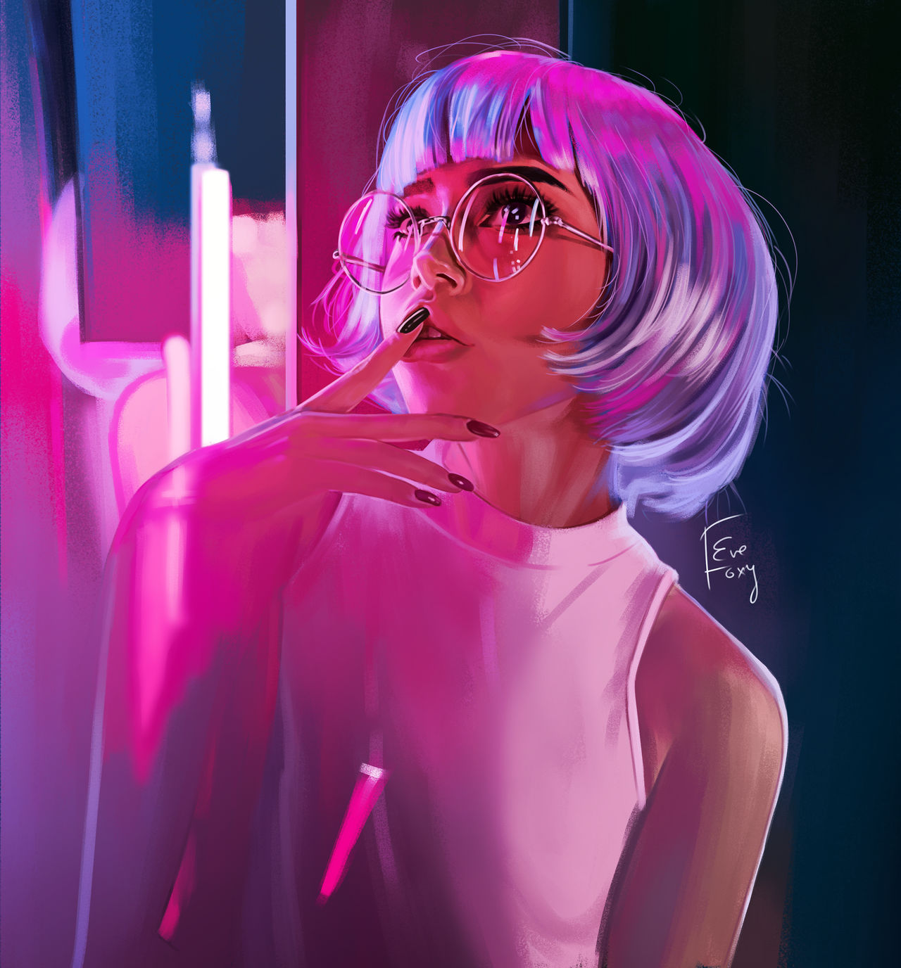 General 1280x1376 artwork women purple hair painted nails glasses women with glasses neon