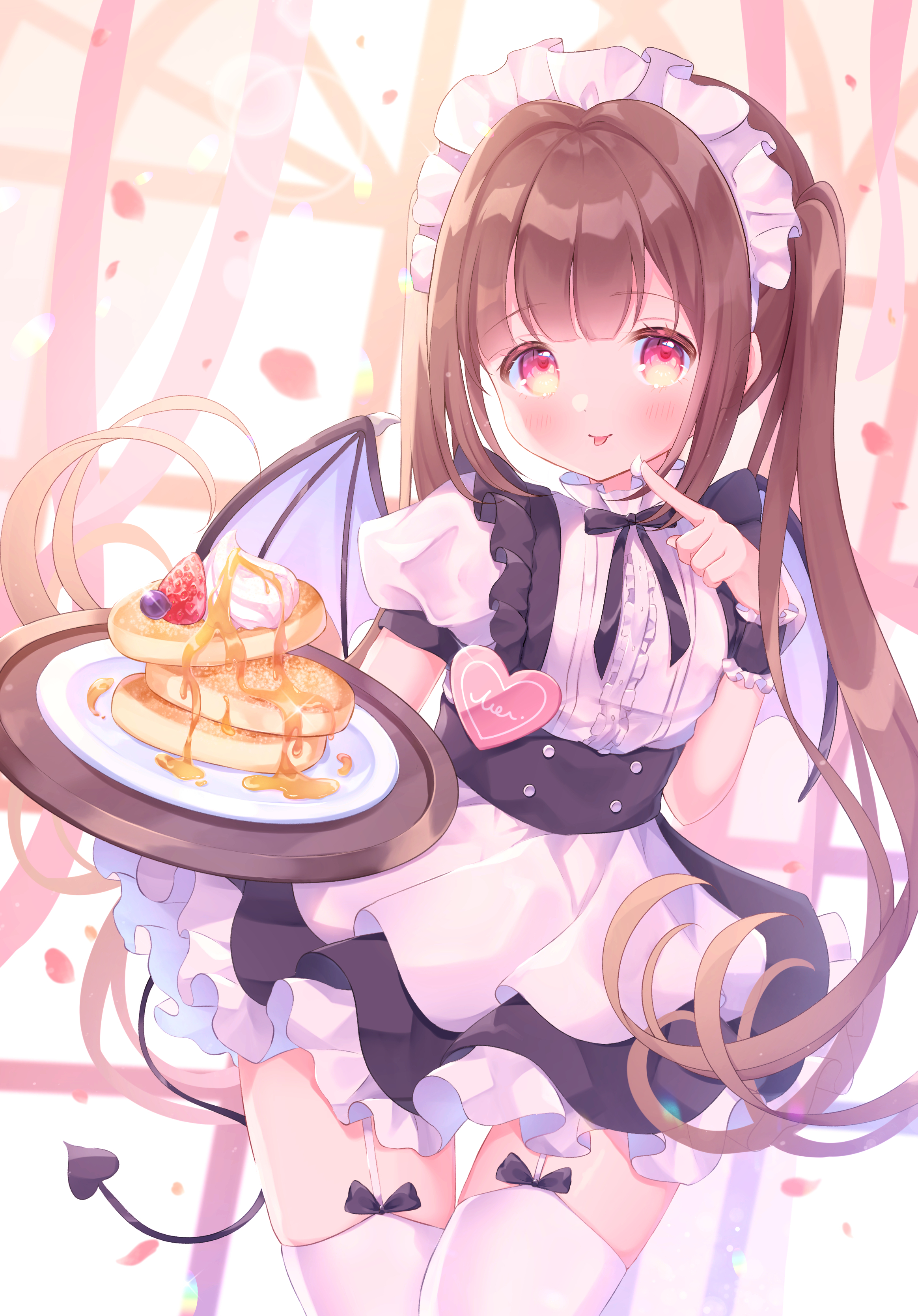 Anime 2328x3336 anime anime girls waitress brunette portrait display bat wings pancakes maid outfit wings tail thigh-highs garter straps twintails red eyes tongue out