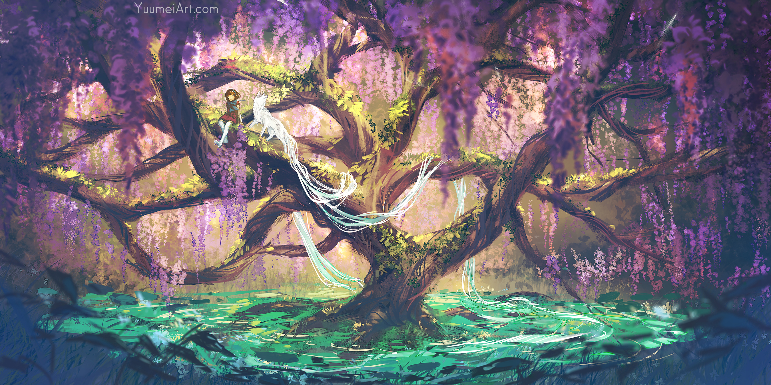 Anime 2700x1350 Yuumei drawing nature trees fantasy art children overgrown moss flowers