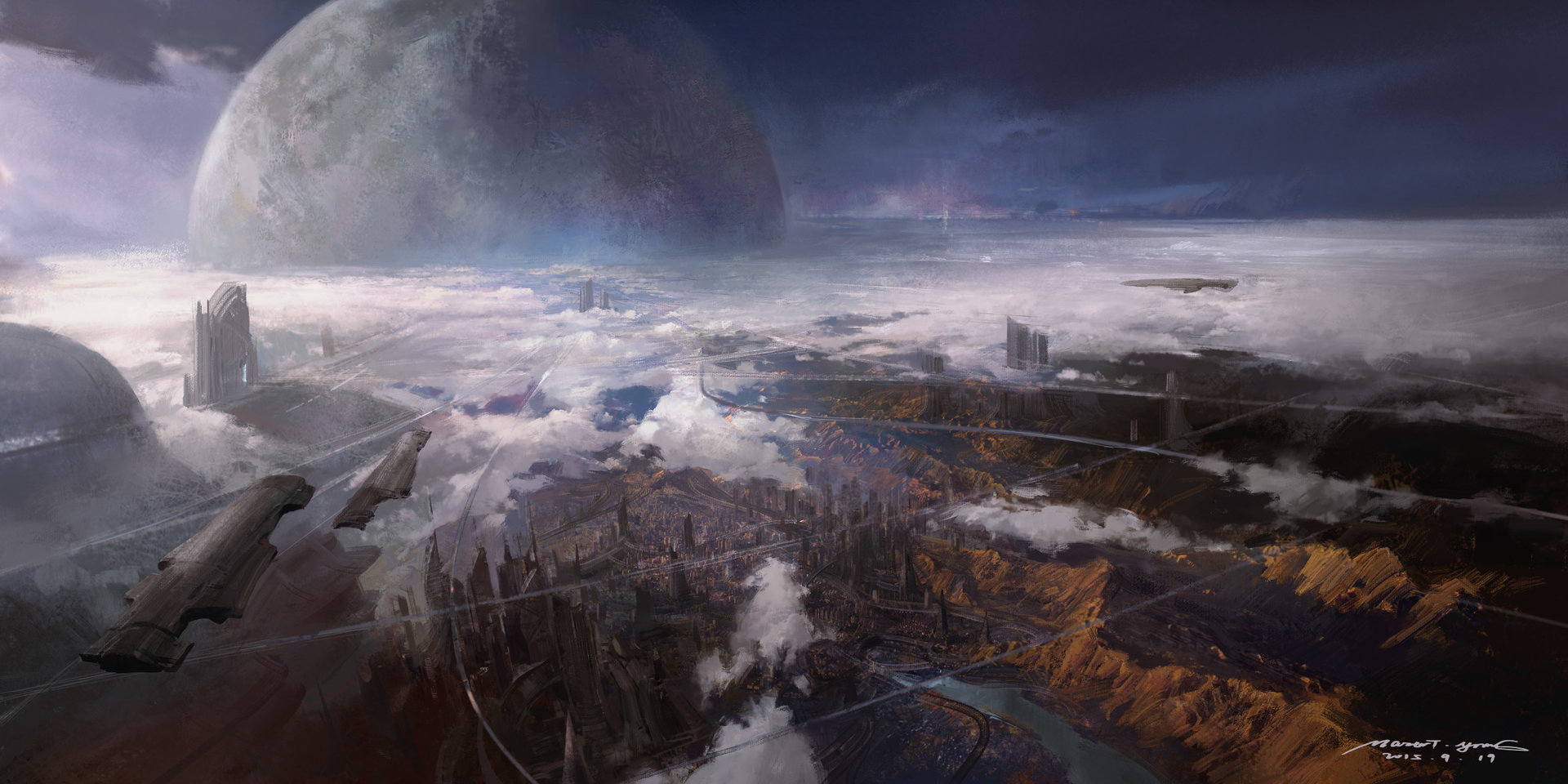 General 1920x960 Mazert Young artwork ArtStation futuristic science fiction planet aerial view landscape futuristic city clouds sky