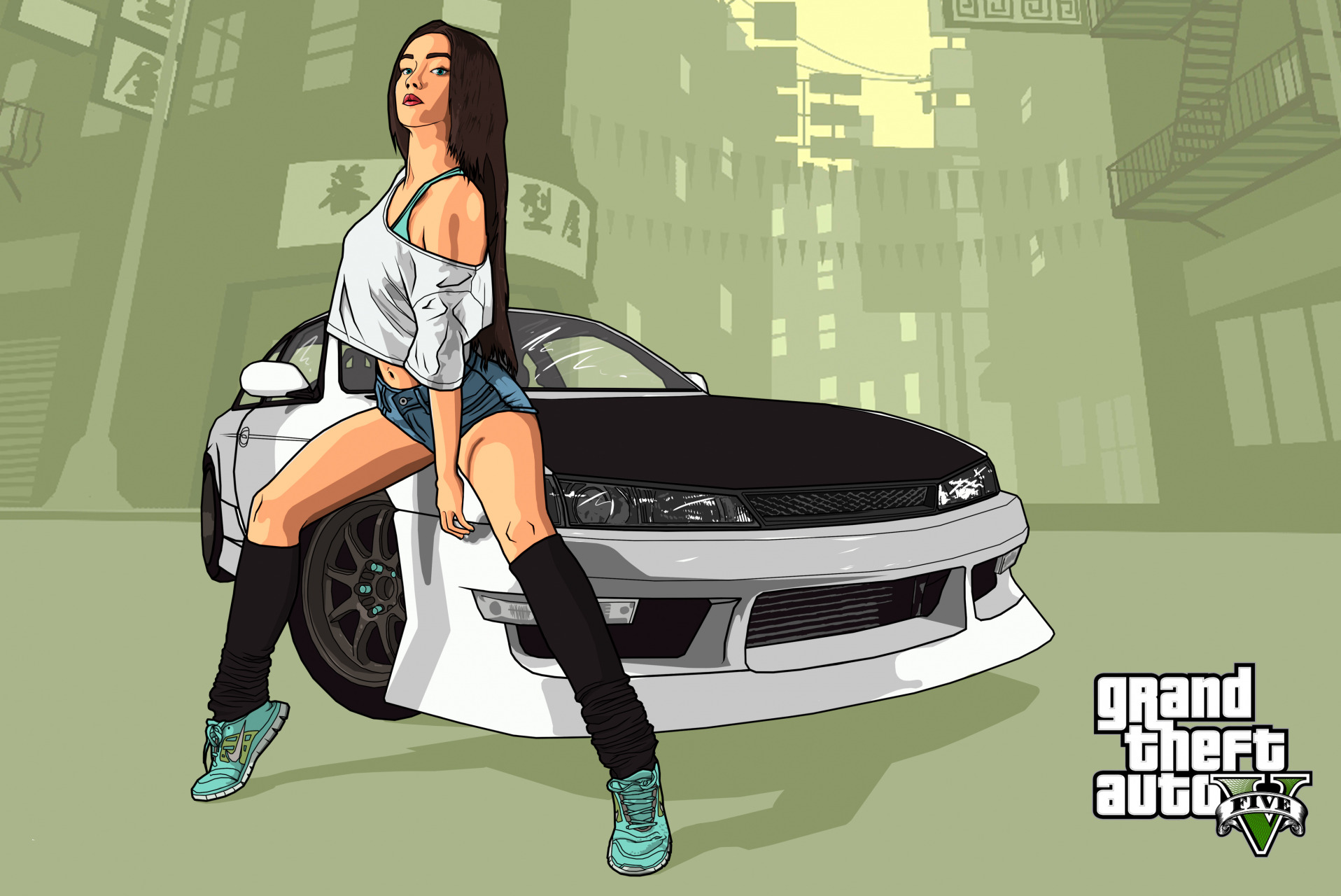 General 1916x1280 video games sports car digital art brunette women looking at viewer video game art fan art Grand Theft Auto V
