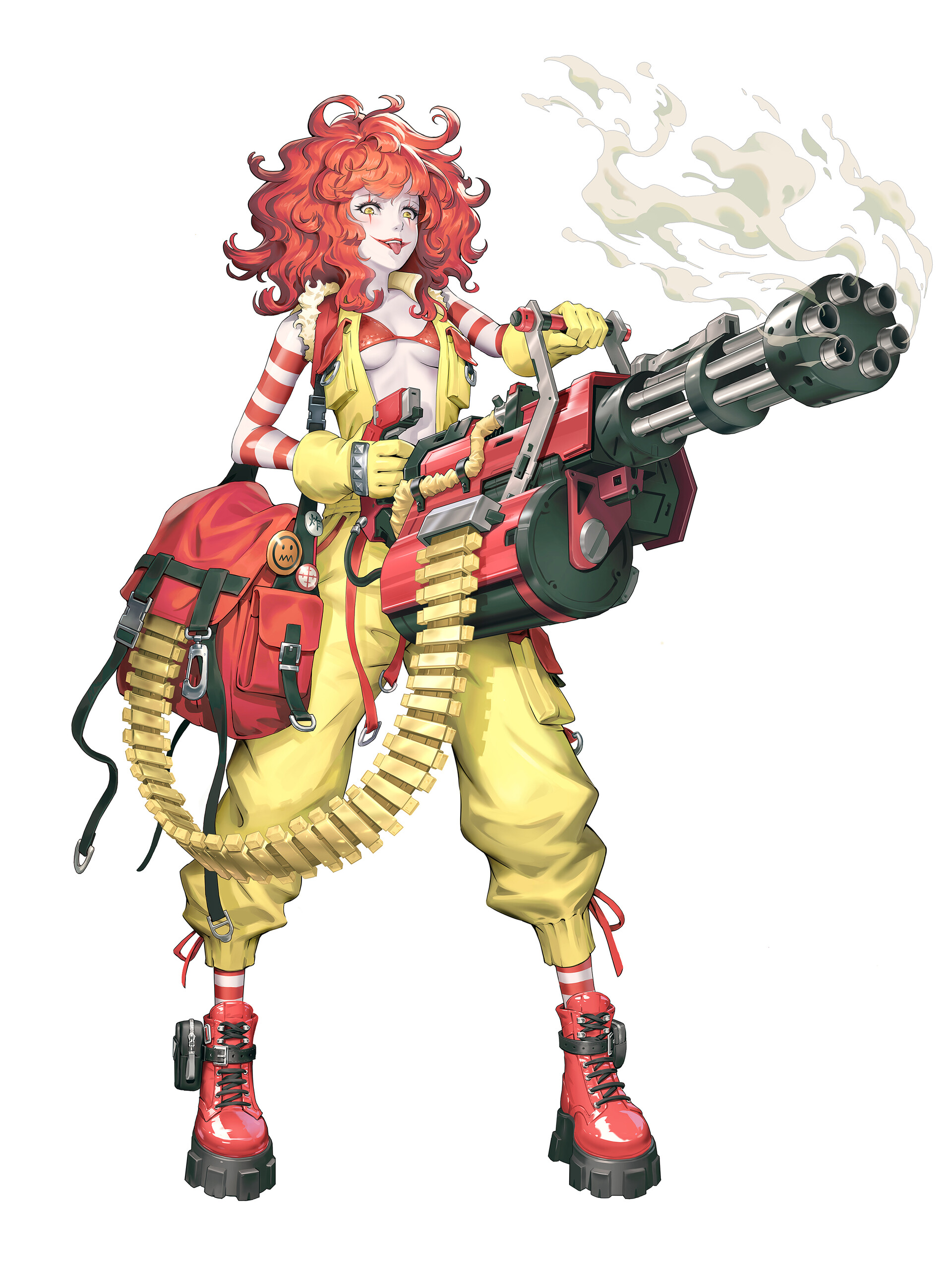 Anime 1920x2560 Wenfei Ye drawing anime girls clown redhead chain guns machine gun weapon face paint boots smoke backpacks
