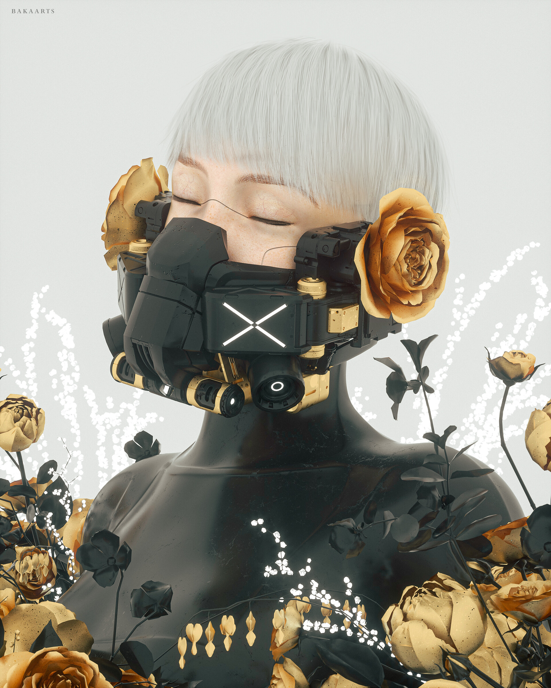 General 1920x2400 women science fiction science fiction women closed eyes flowers plants digital art white hair simple background white background