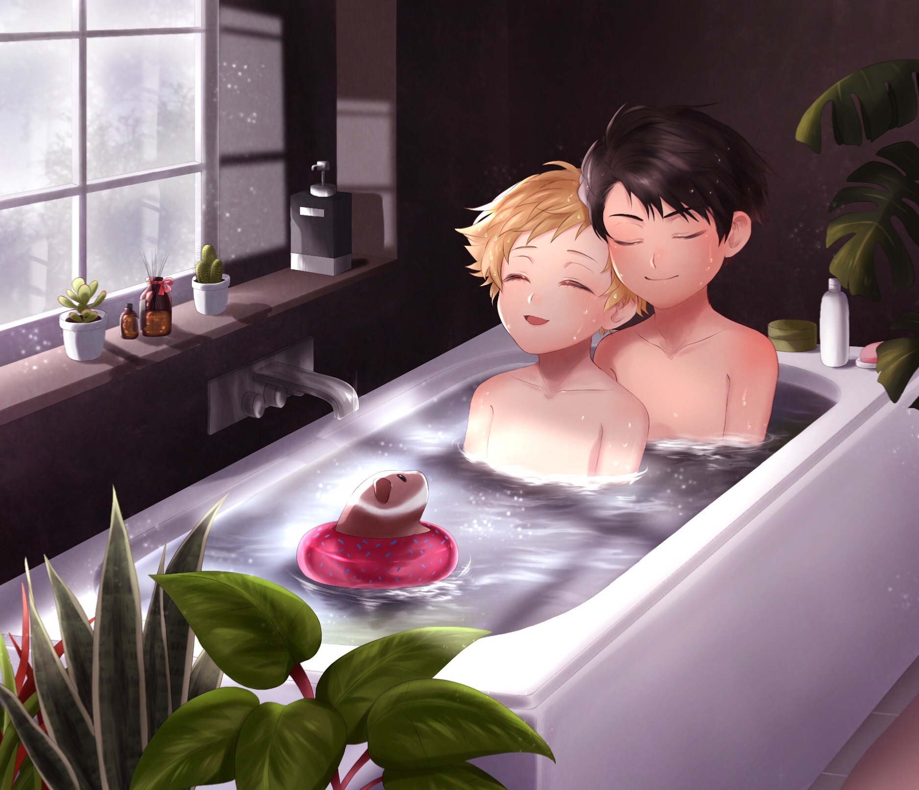Anime 1877x1613 in bathtub black hair closed eyes bath blonde sitting gay Yaoi open mouth closed mouth hamster window indoors water plants