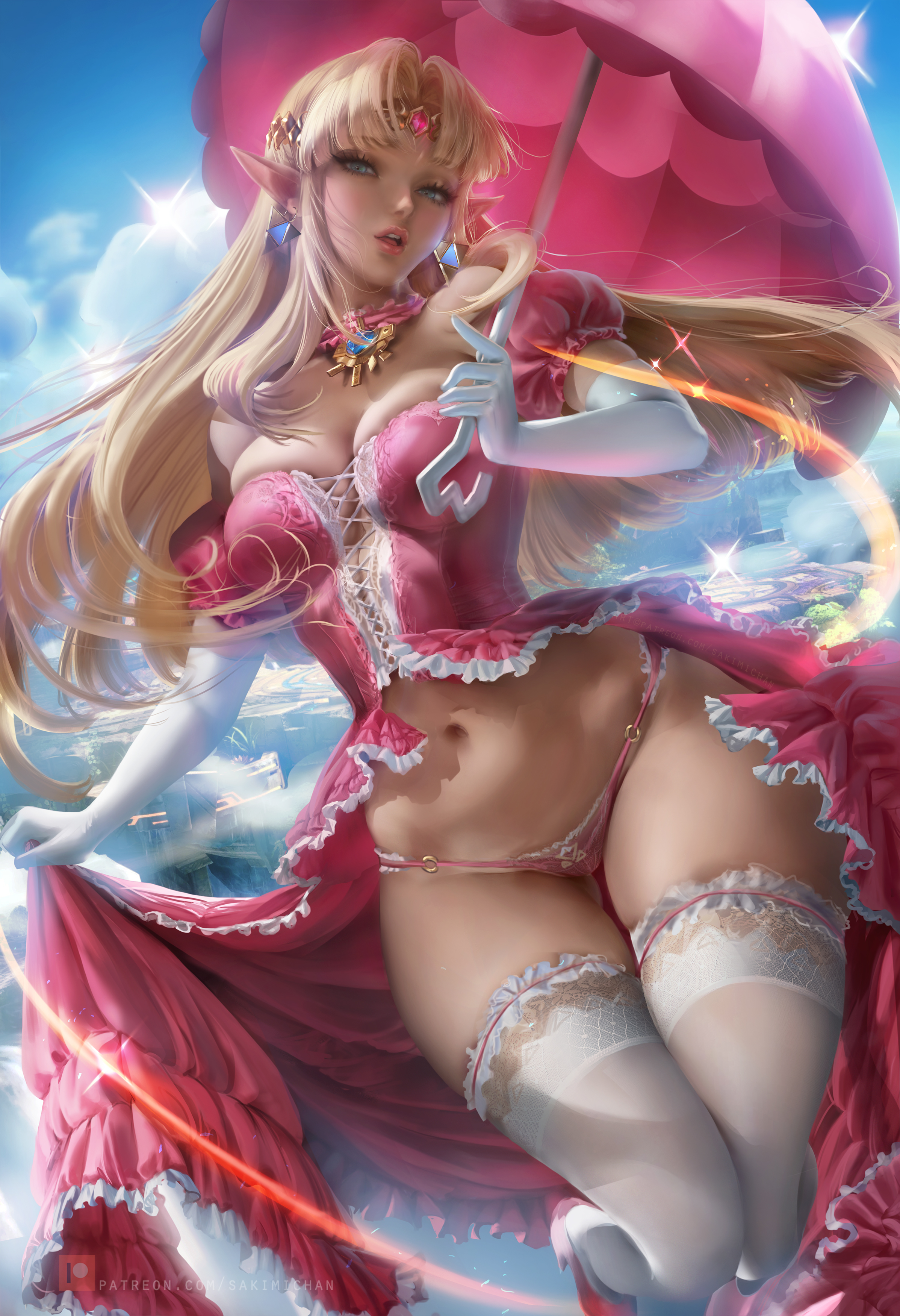 General 2395x3500 Zelda The Legend of Zelda Mario Bros. crossover elves fantasy girl pointy ears blue eyes looking at viewer parted lips choker bare shoulders cleavage dress pink dress umbrella elbow gloves belly panties pink panties underwear thick thigh lingerie stockings white stockings sparkles clouds sky artwork portrait display digital art video game characters drawing fan art Sakimichan The Legend of Zelda: Ocarina of Time