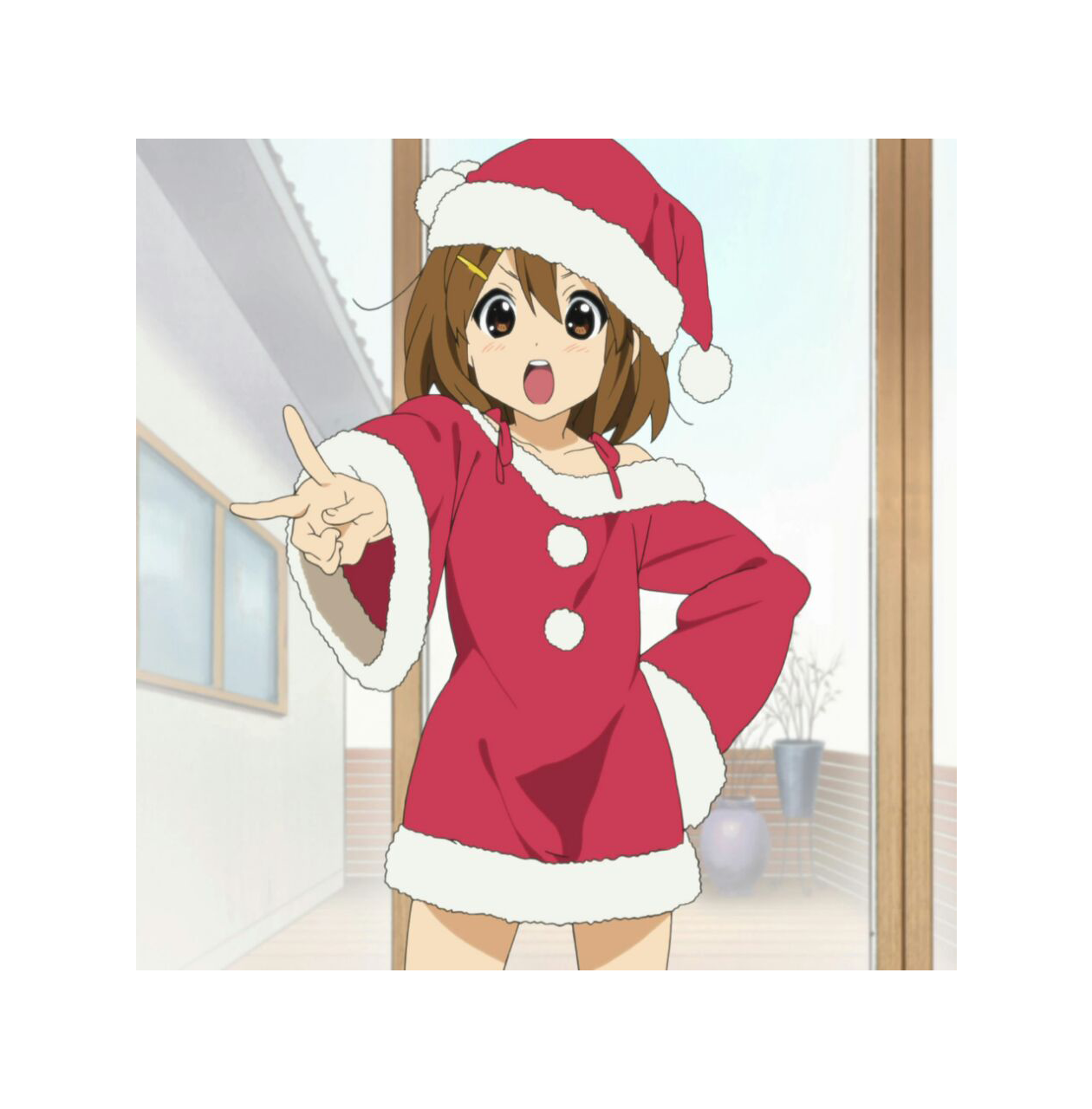 Anime 1260x1280 K-ON! anime girls anime Christmas Santa hats brunette brown eyes open mouth hand gesture standing looking at viewer Hirasawa Yui Santa girl