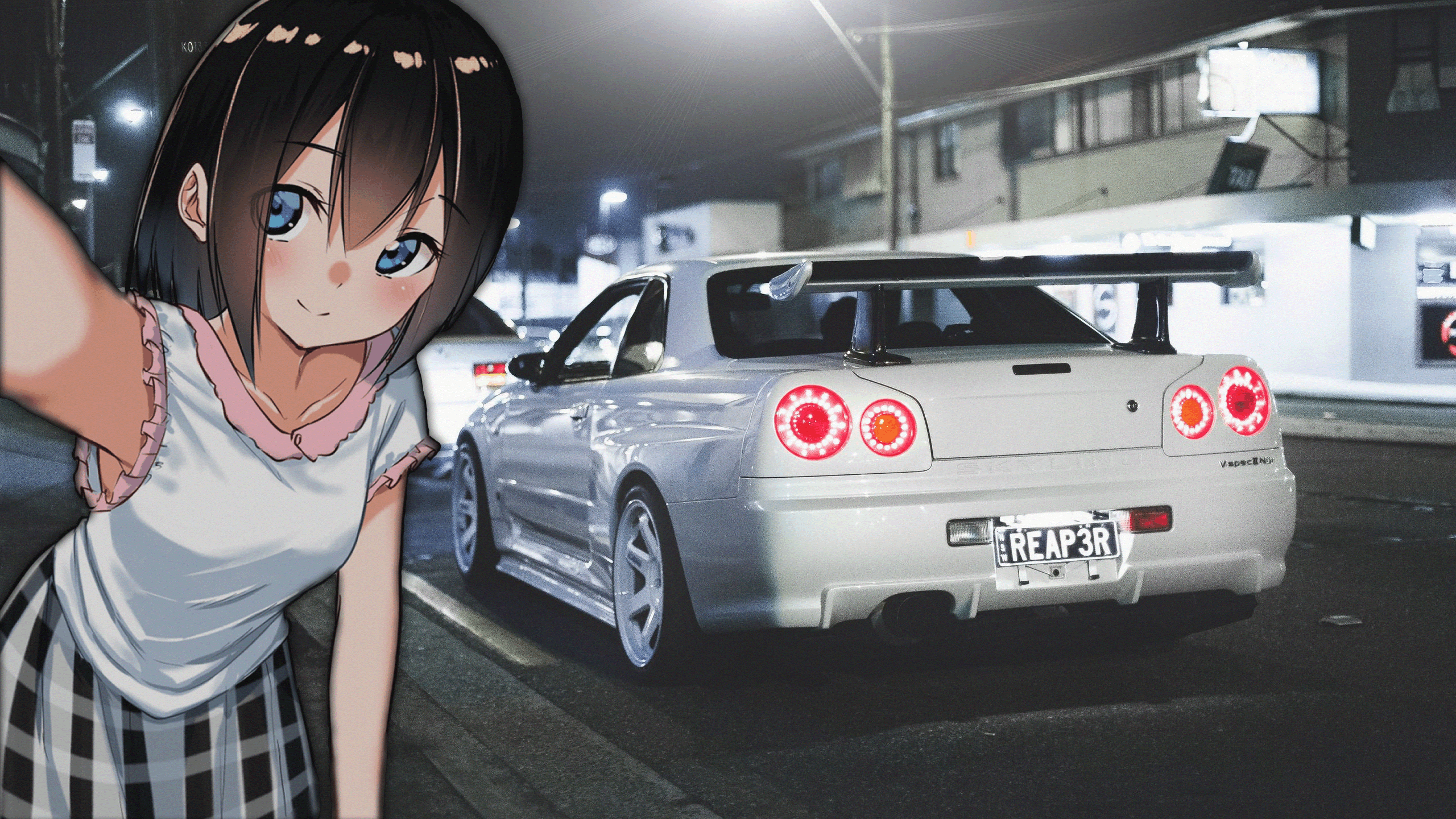 Anime 2560x1440 Japanese cars anime girls selfies car picture-in-picture vehicle anime blue eyes brunette white cars smiling animeirl