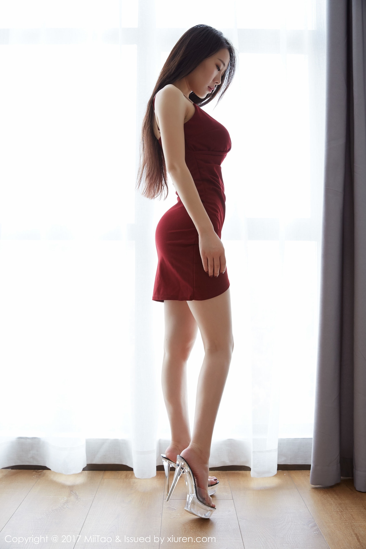 People 1280x1920 women model Asian Xiuren Chinese model legs minidress red dress women indoors ass long hair dark hair